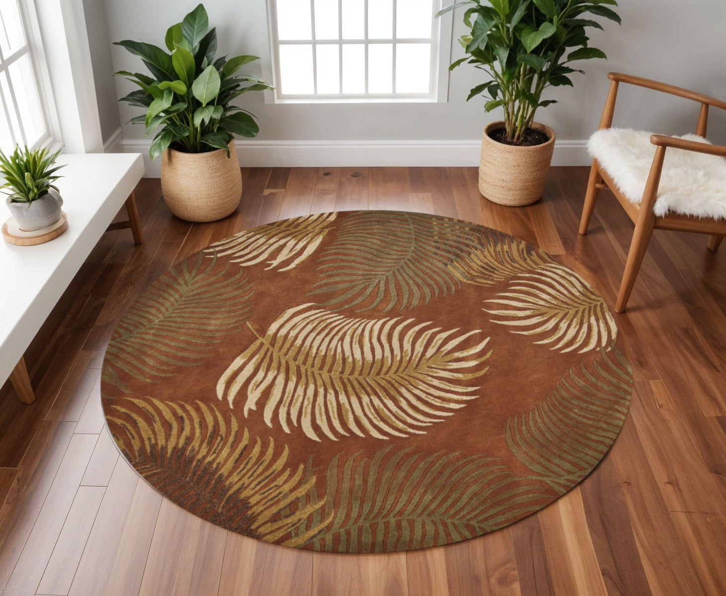 8' Rust Orange And Green Wool Botanical Leaves Hand Tufted Round Rug-Area Rugs-DECOROLALA