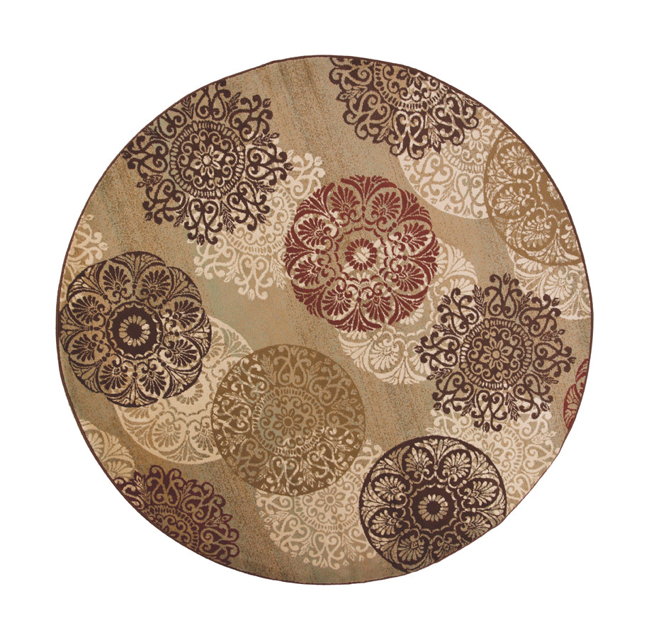 8' Sage Brown And Ivory Floral Medallion Round Rug-Area Rugs-DECOROLALA