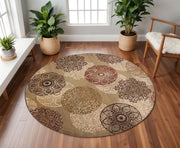 8' Sage Brown And Ivory Floral Medallion Round Rug-Area Rugs-DECOROLALA
