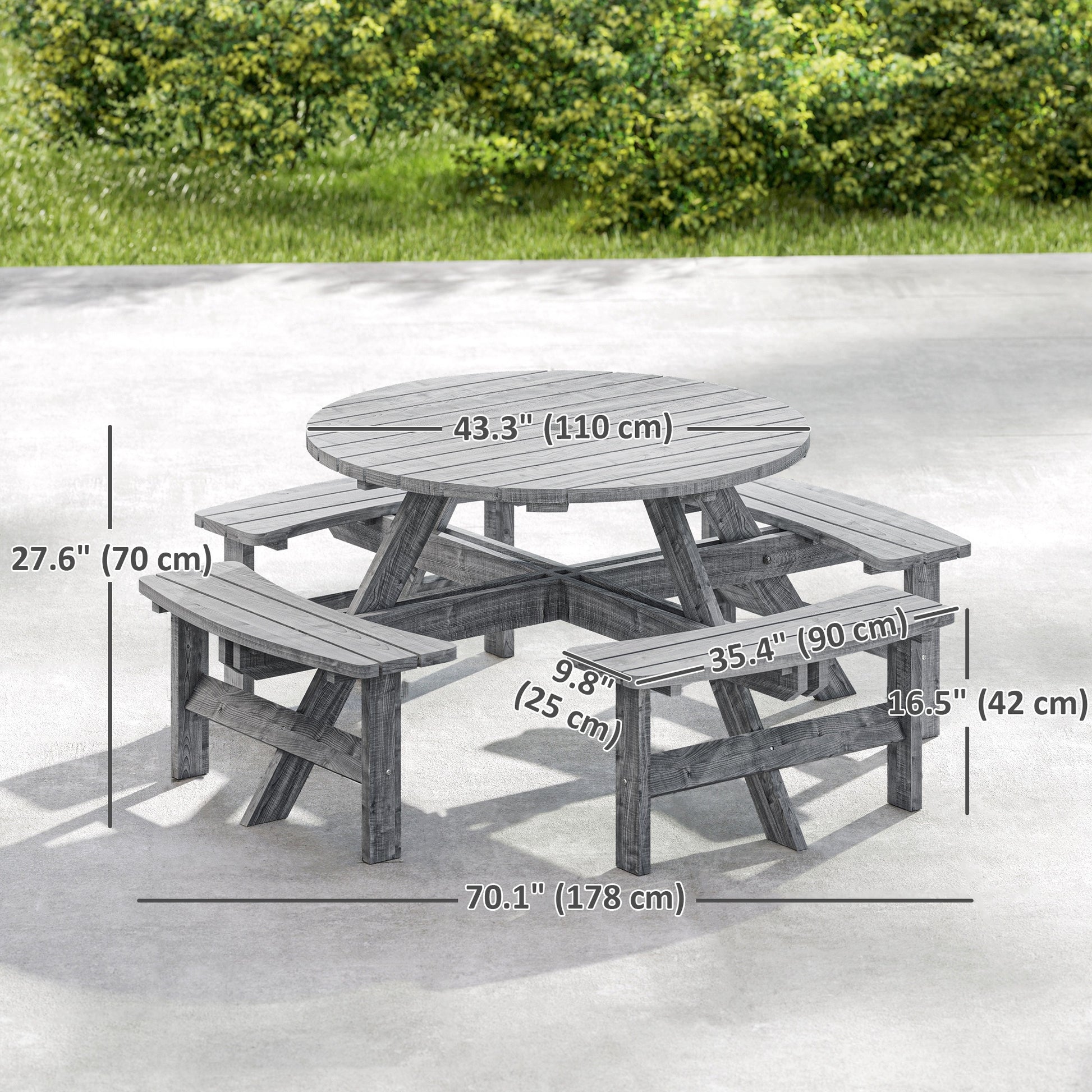 8-Seater Round Wooden Pub Bench & Picnic Table, Grey Outdoor Patio Set-DECOROLALA