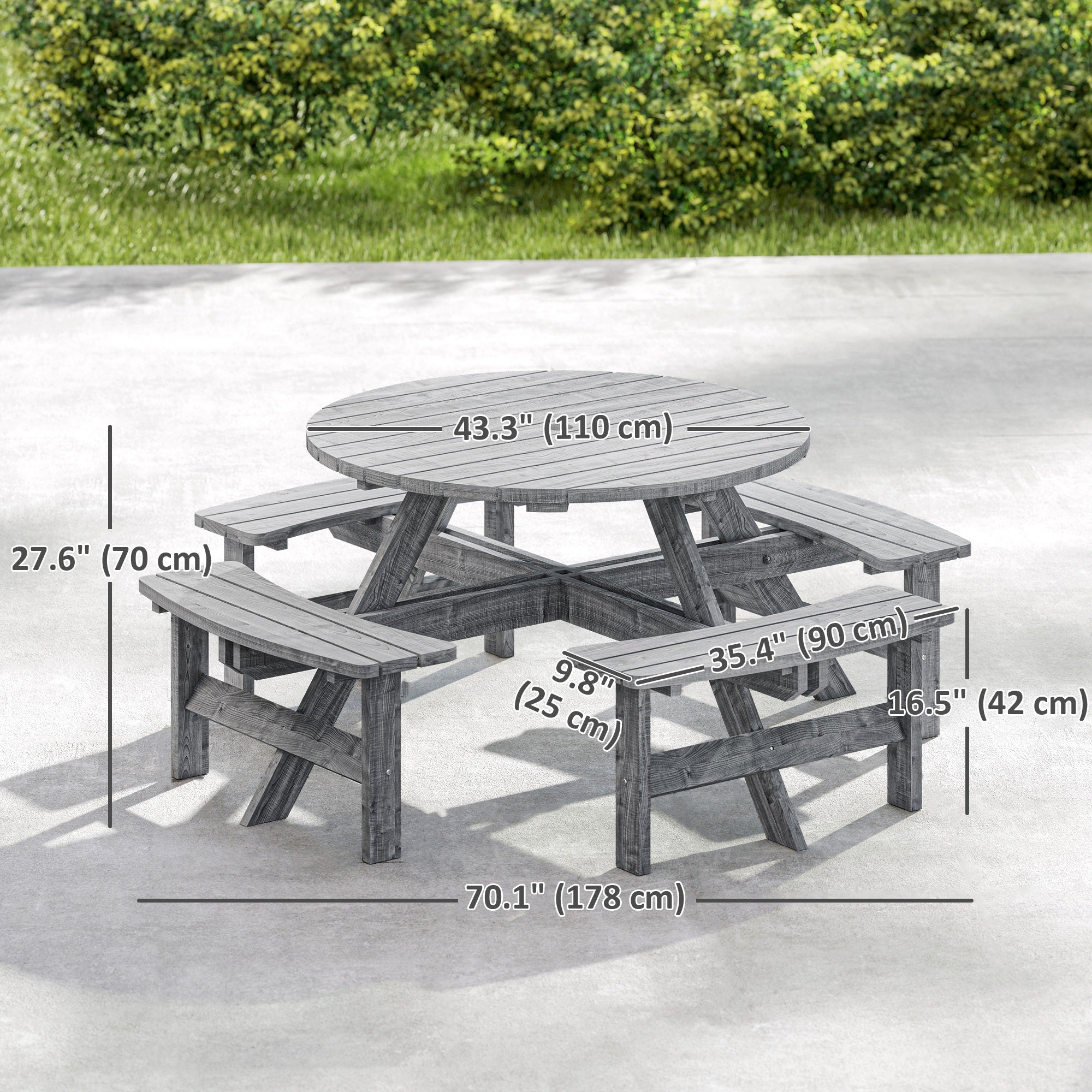 8-Seater Round Wooden Pub Bench & Picnic Table, Grey Outdoor Patio Set-DECOROLALA
