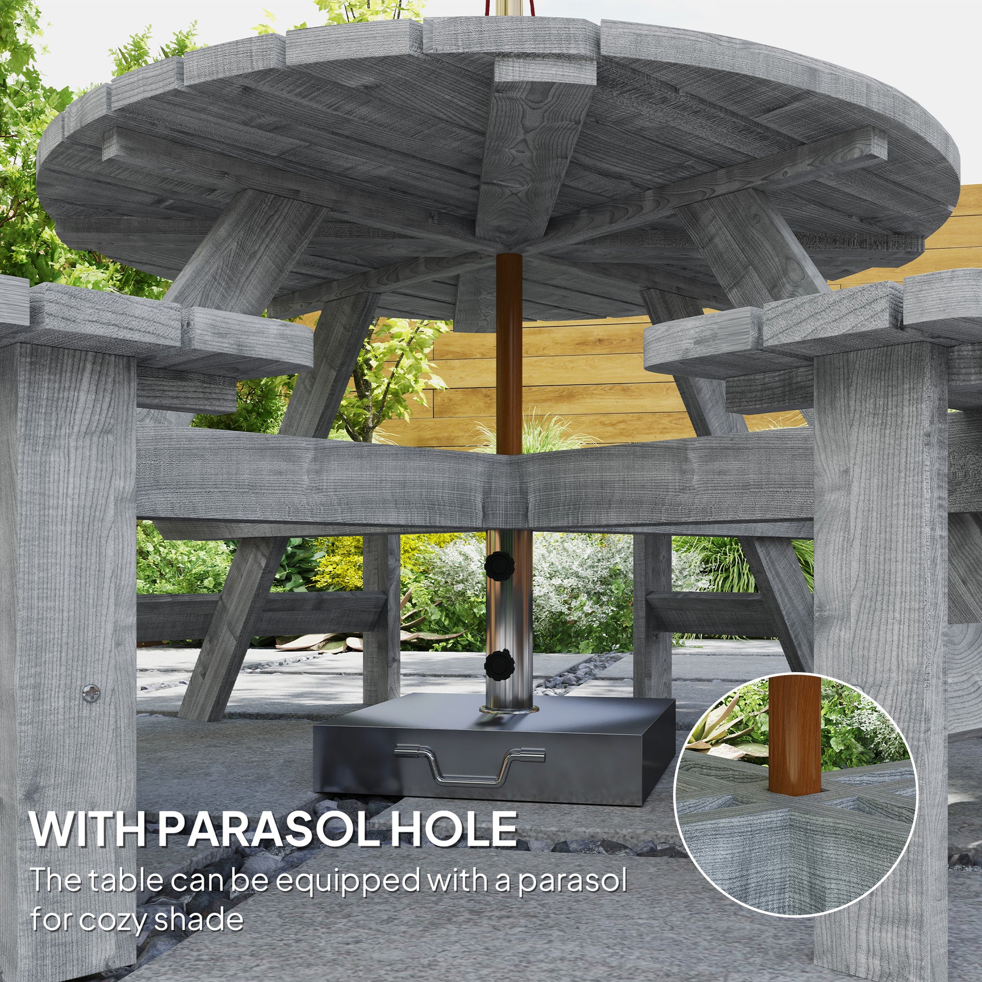 8-Seater Round Wooden Pub Bench & Picnic Table, Grey Outdoor Patio Set-DECOROLALA