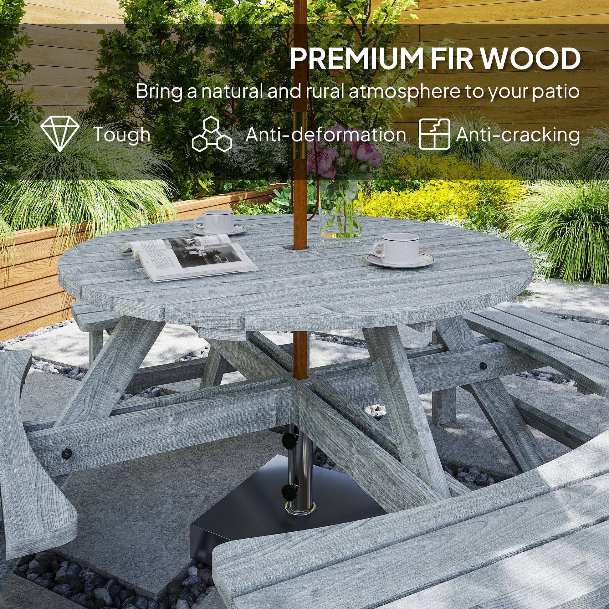 8-Seater Round Wooden Pub Bench & Picnic Table, Grey Outdoor Patio Set-DECOROLALA