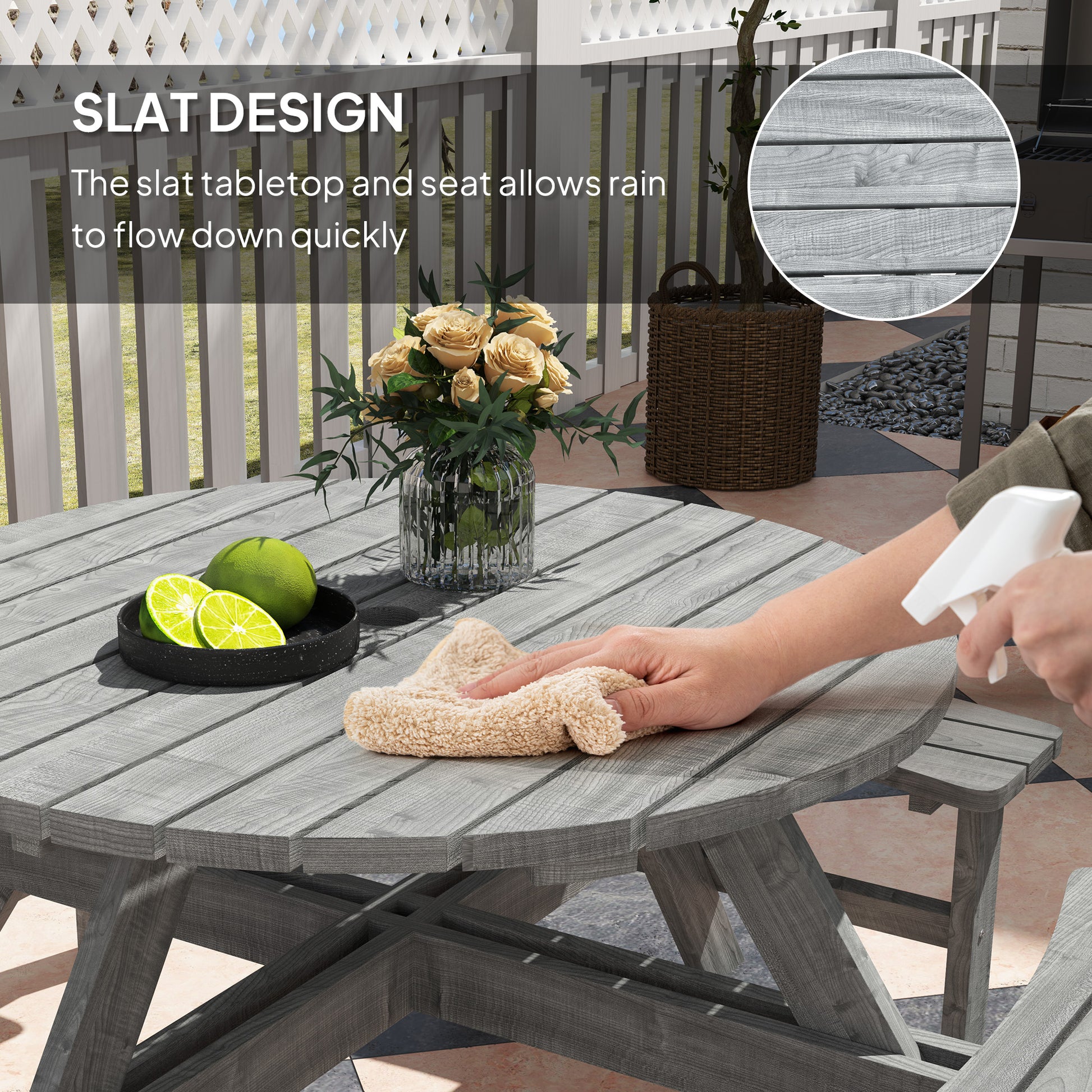 8-Seater Round Wooden Pub Bench & Picnic Table, Grey Outdoor Patio Set-DECOROLALA