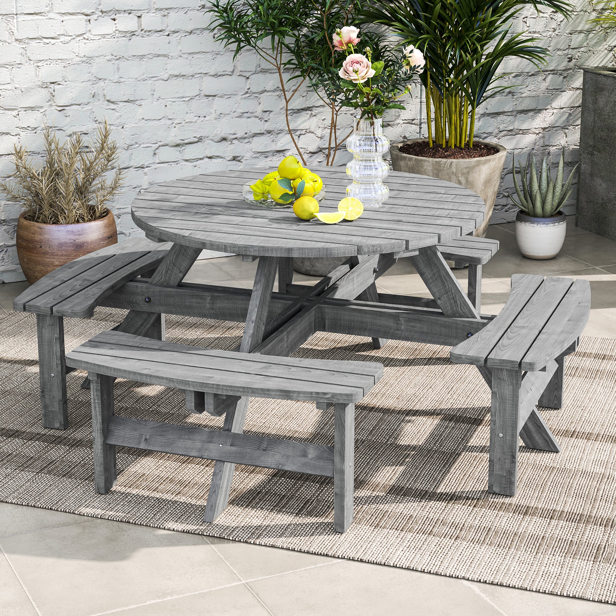 8-Seater Round Wooden Pub Bench & Picnic Table, Grey Outdoor Patio Set-DECOROLALA