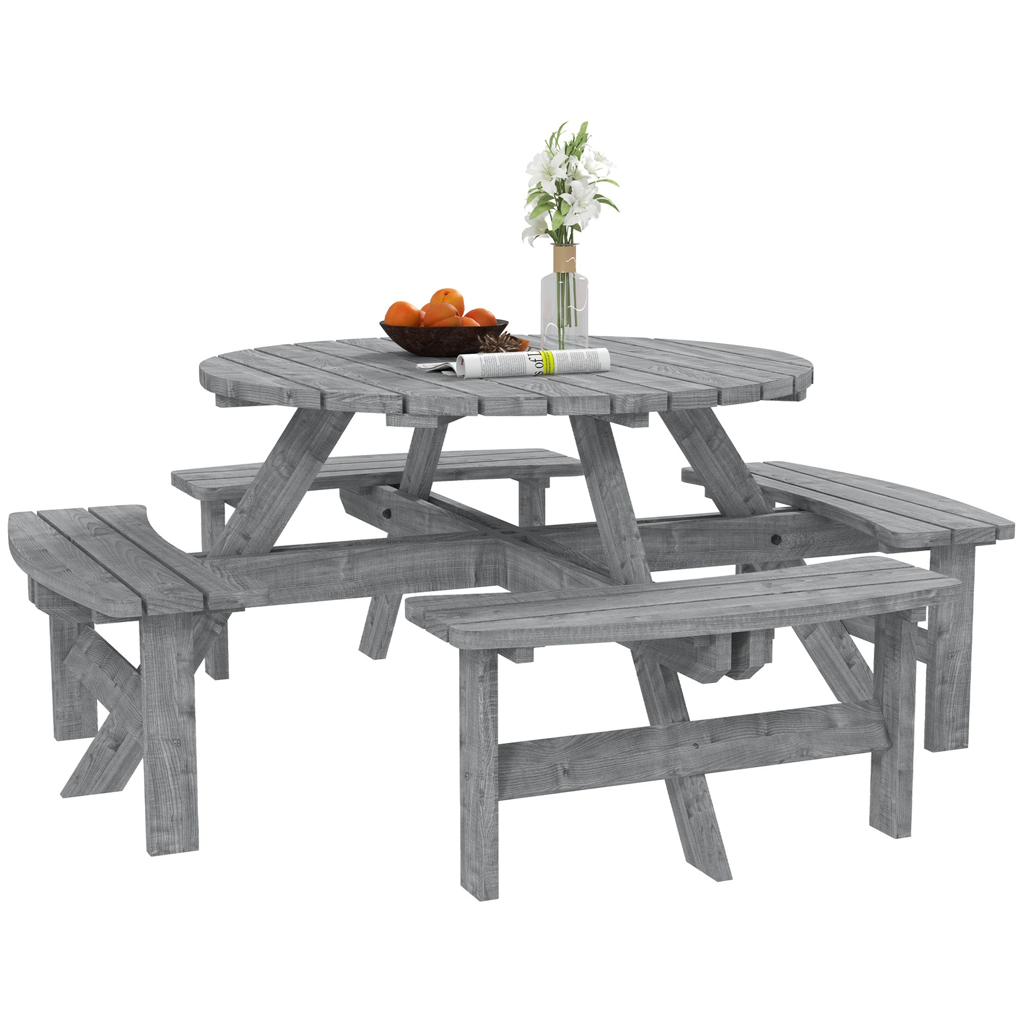 8-Seater Round Wooden Pub Bench & Picnic Table, Grey Outdoor Patio Set-DECOROLALA