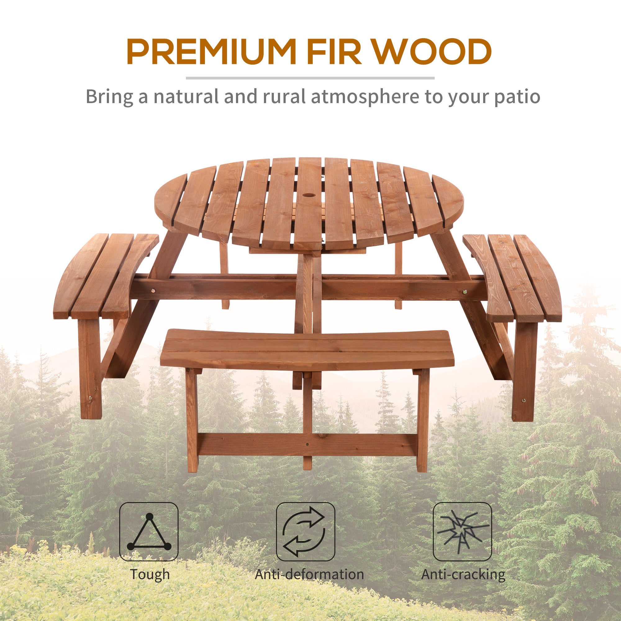 8-Seater Wooden Pub Bench & Round Table Set, Outdoor Patio Dining - Brown-DECOROLALA