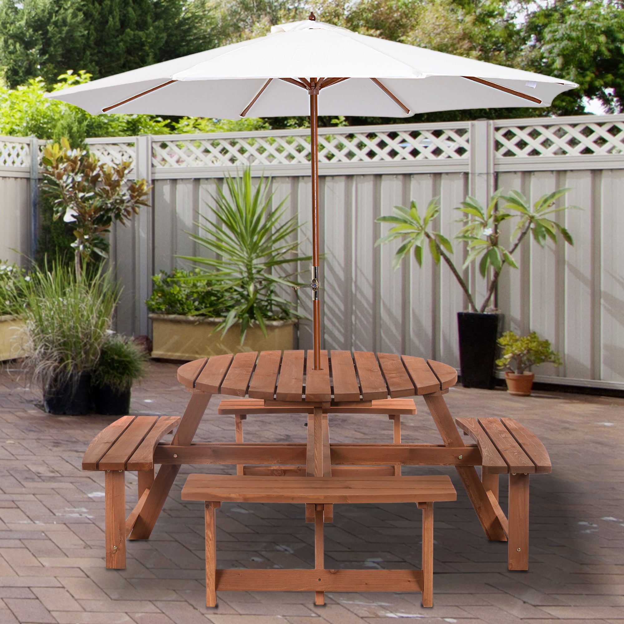 8-Seater Wooden Pub Bench & Round Table Set, Outdoor Patio Dining - Brown-DECOROLALA