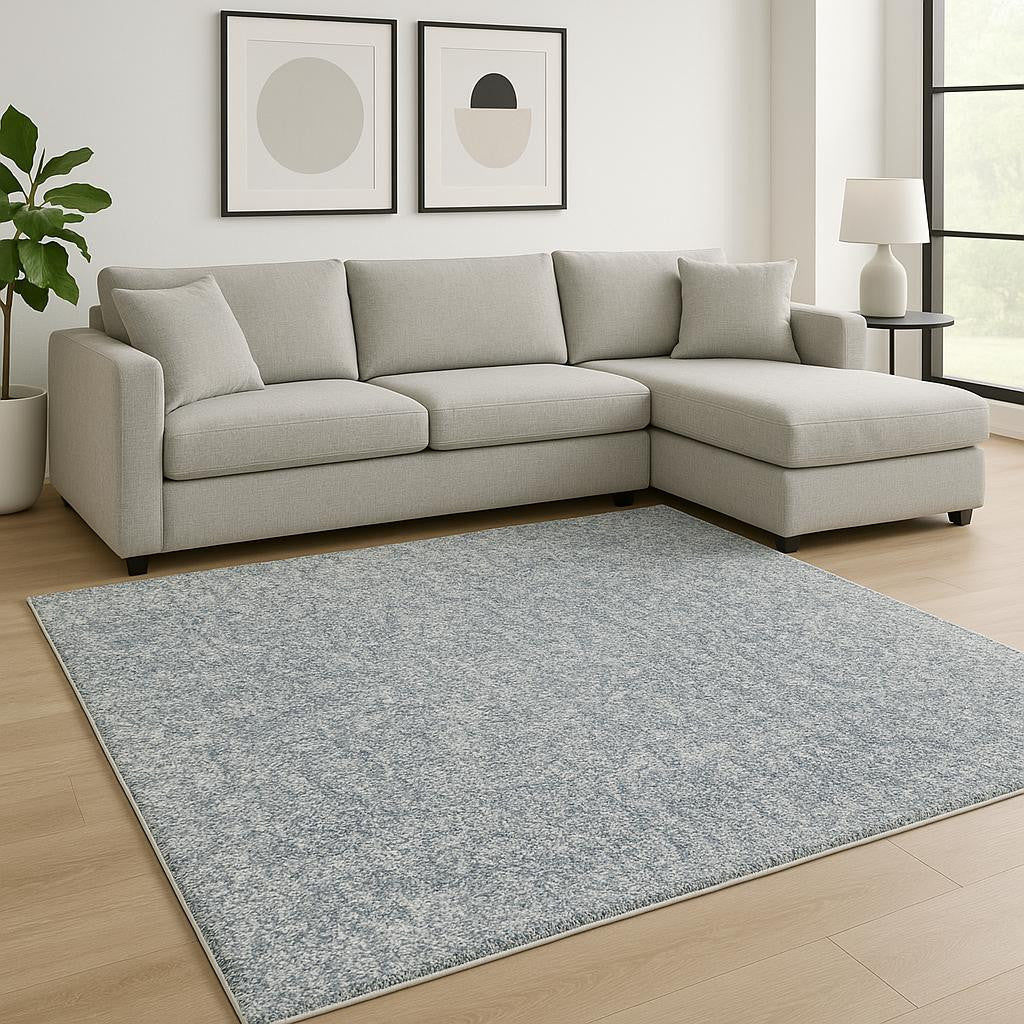 8' Slate Blue And Ivory Abstract Hand Woven Round Rug-Area Rugs-DECOROLALA