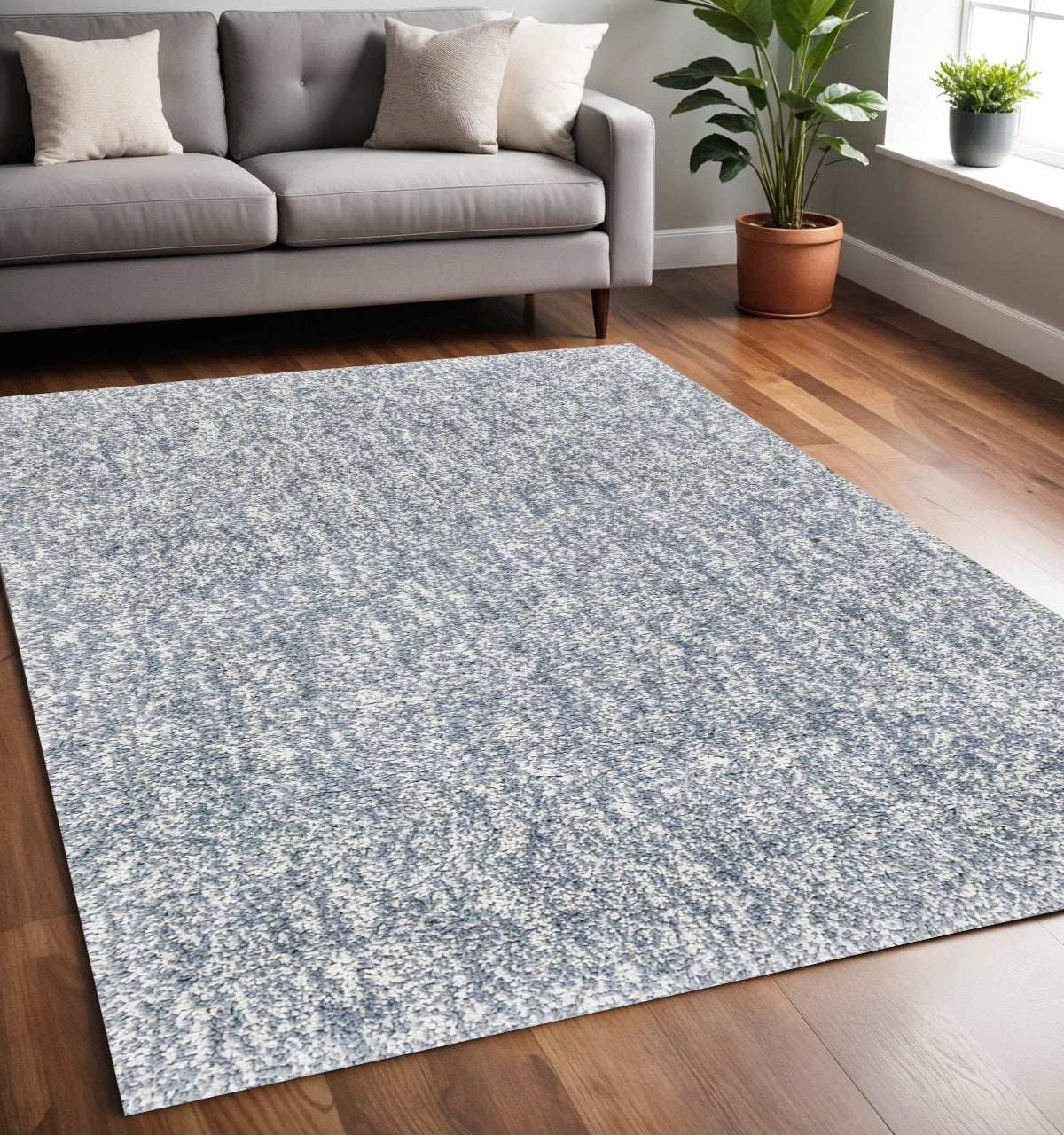 8' Slate Blue And Ivory Abstract Hand Woven Round Rug-Area Rugs-DECOROLALA