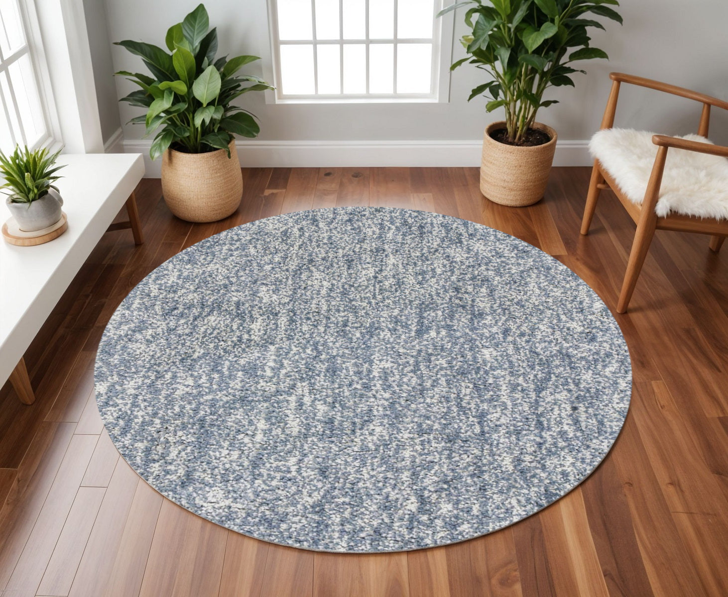 8' Slate Blue And Ivory Abstract Hand Woven Round Rug-Area Rugs-DECOROLALA