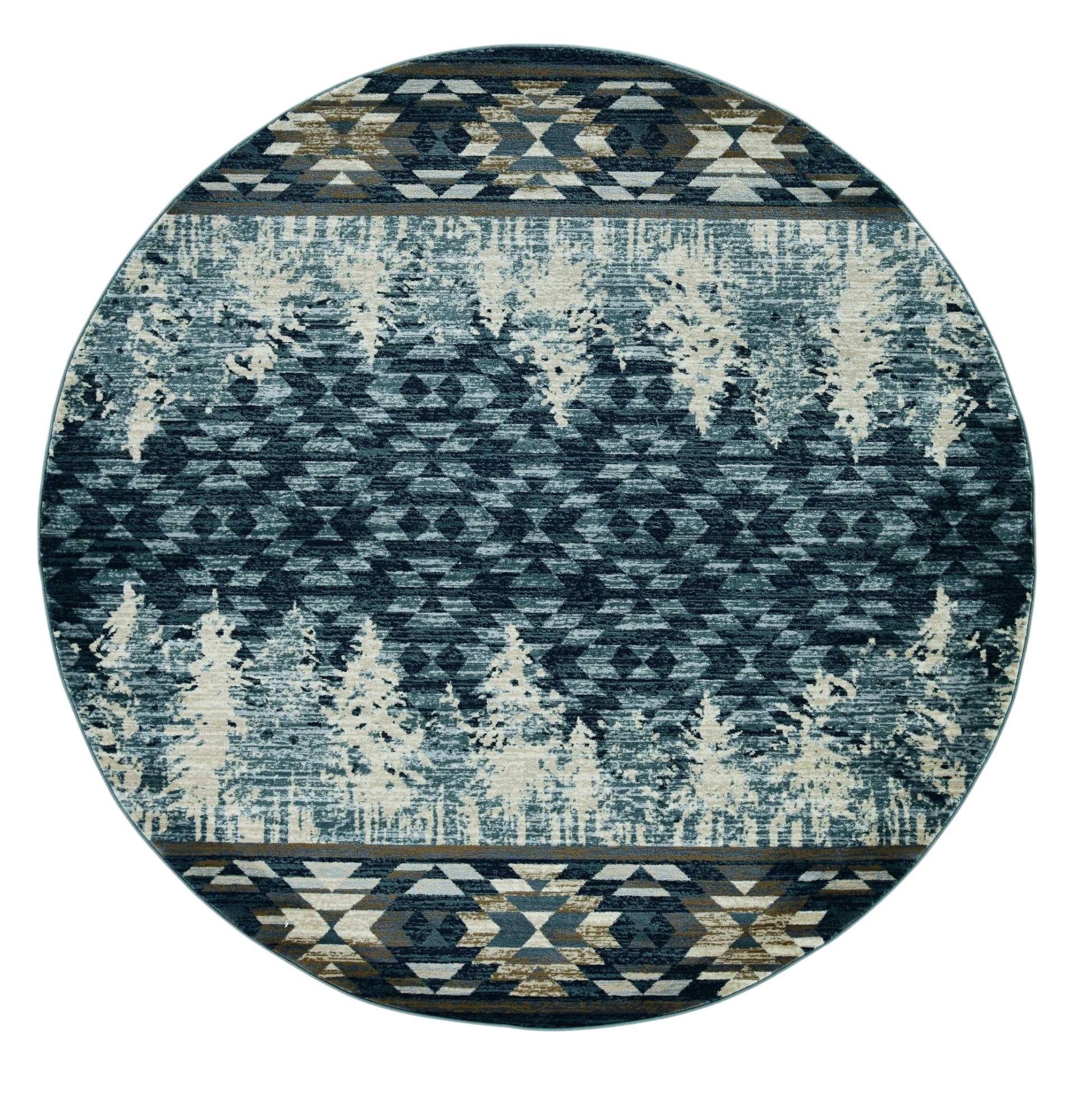 8' Slate Blue And Ivory Southwestern Round Rug-Area Rugs-DECOROLALA