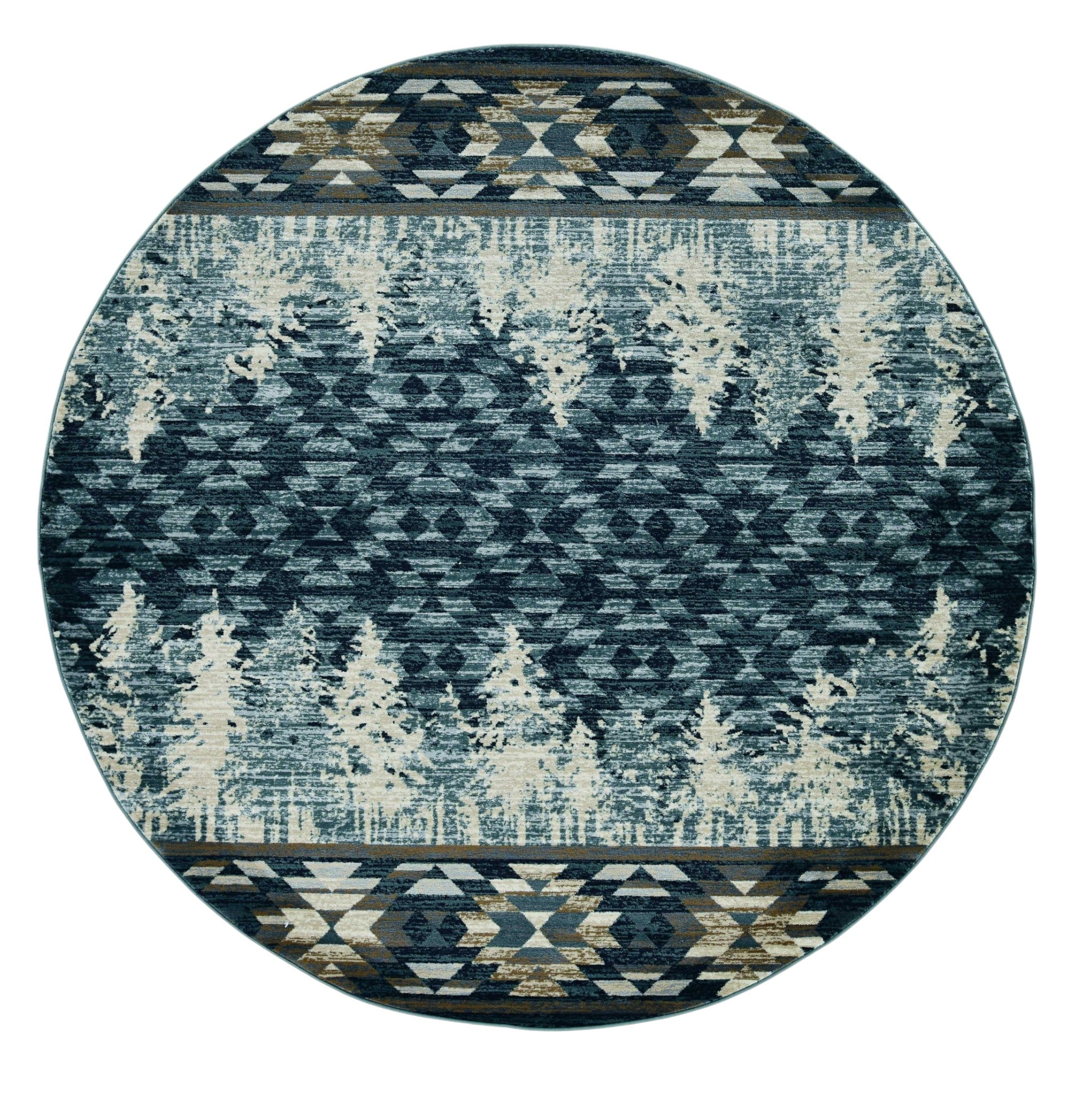 8' Slate Blue And Ivory Southwestern Round Rug-Area Rugs-DECOROLALA