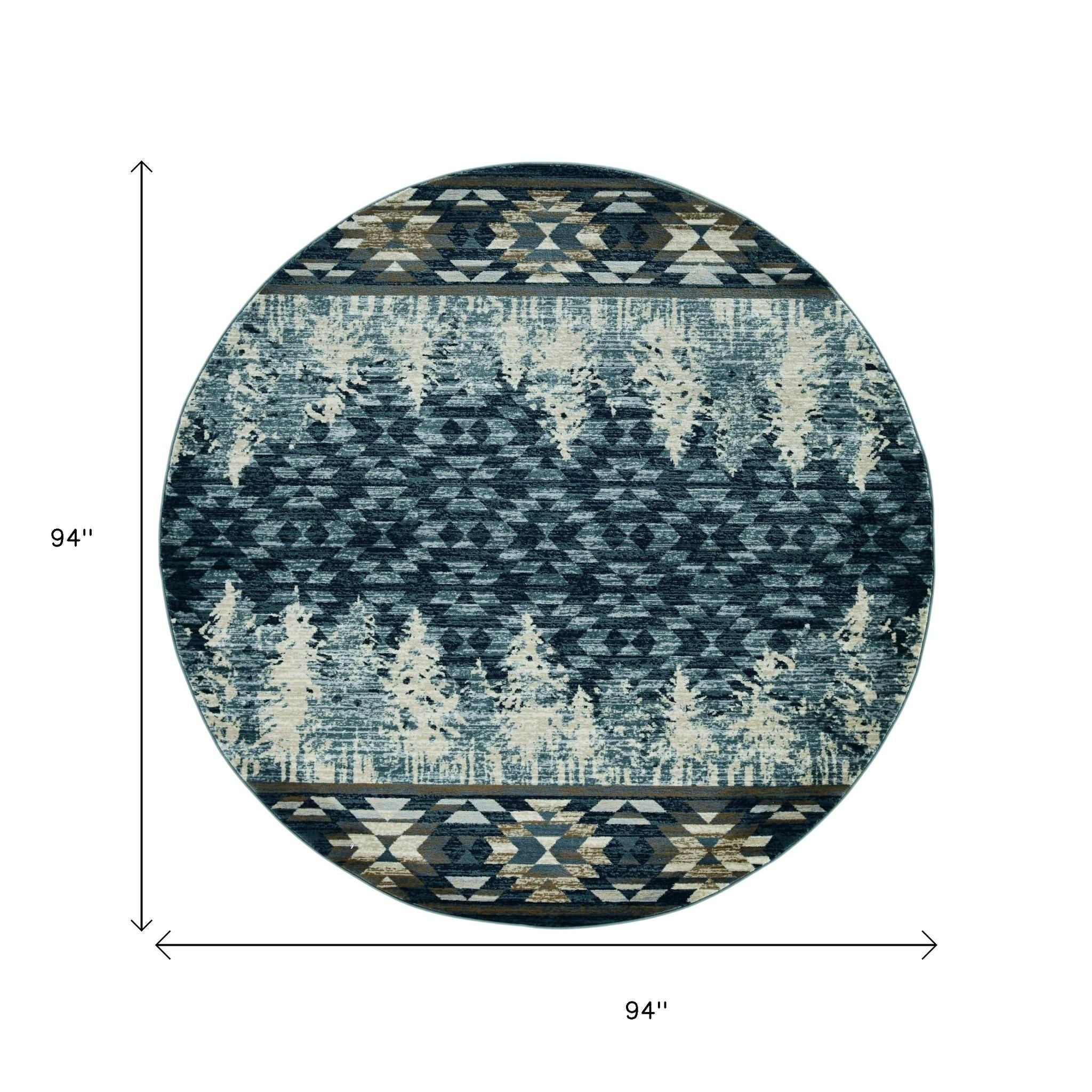8' Slate Blue And Ivory Southwestern Round Rug-Area Rugs-DECOROLALA