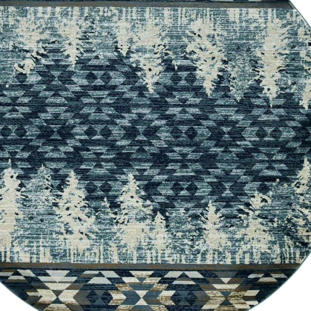 8' Slate Blue And Ivory Southwestern Round Rug-Area Rugs-DECOROLALA