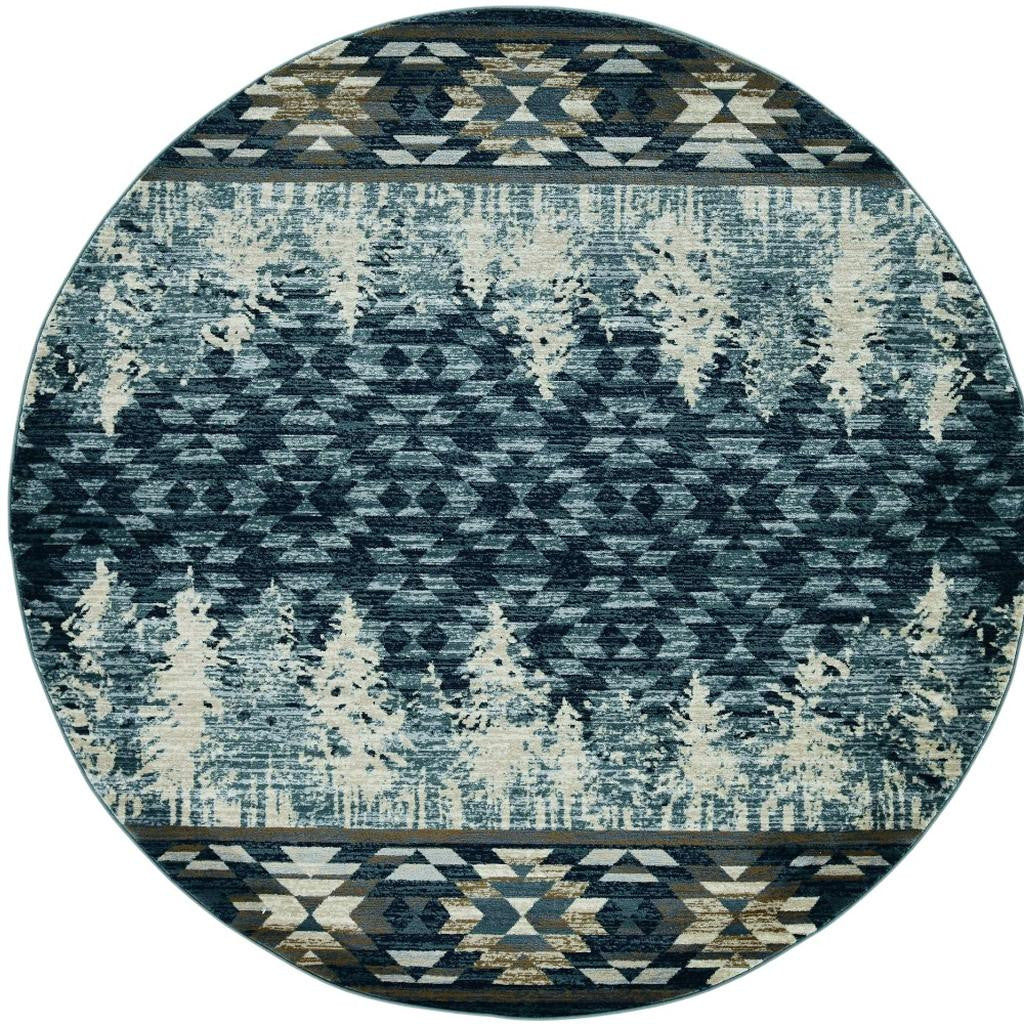 8' Slate Blue And Ivory Southwestern Round Rug-Area Rugs-DECOROLALA