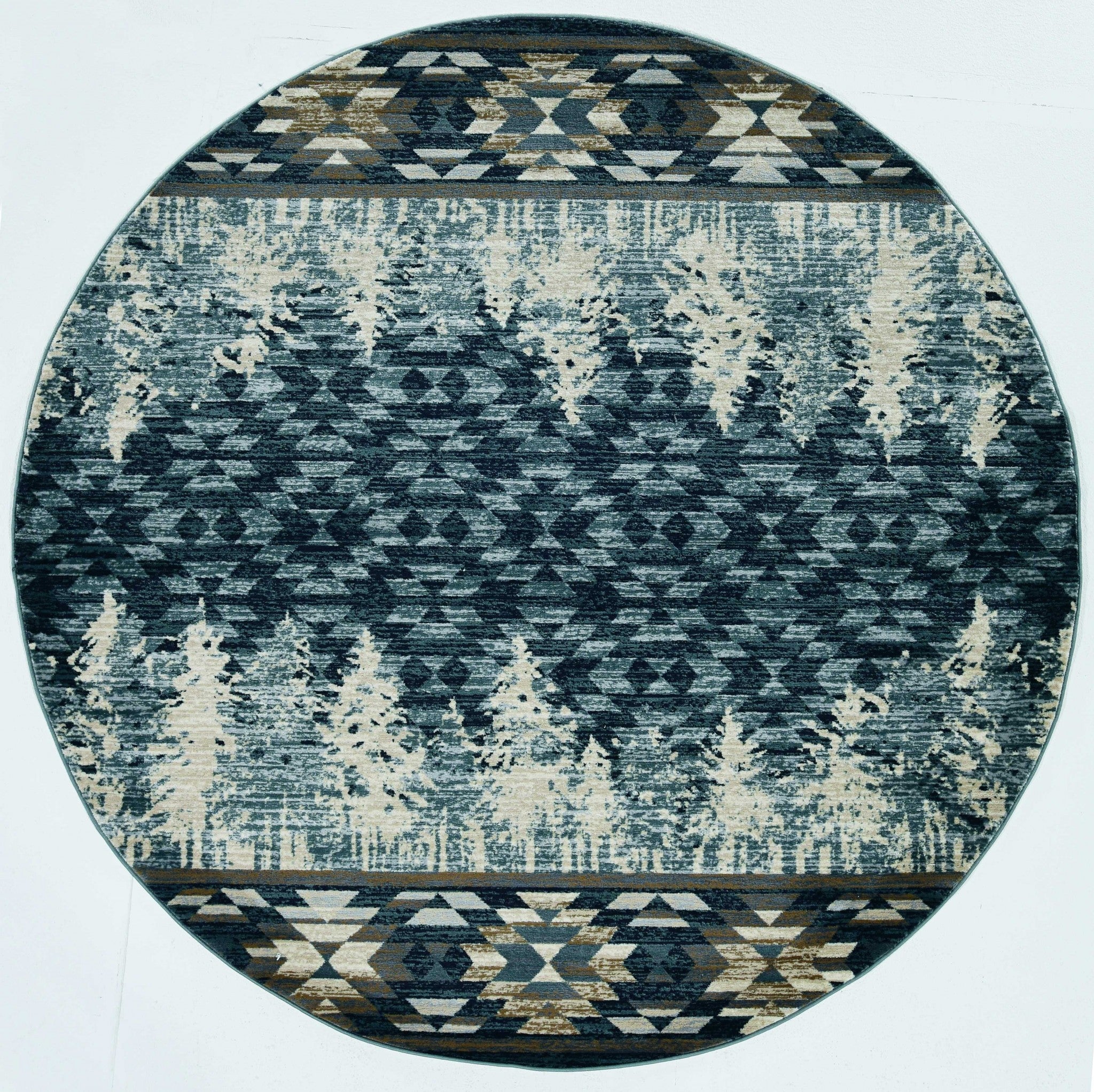8' Slate Blue And Ivory Southwestern Round Rug-Area Rugs-DECOROLALA