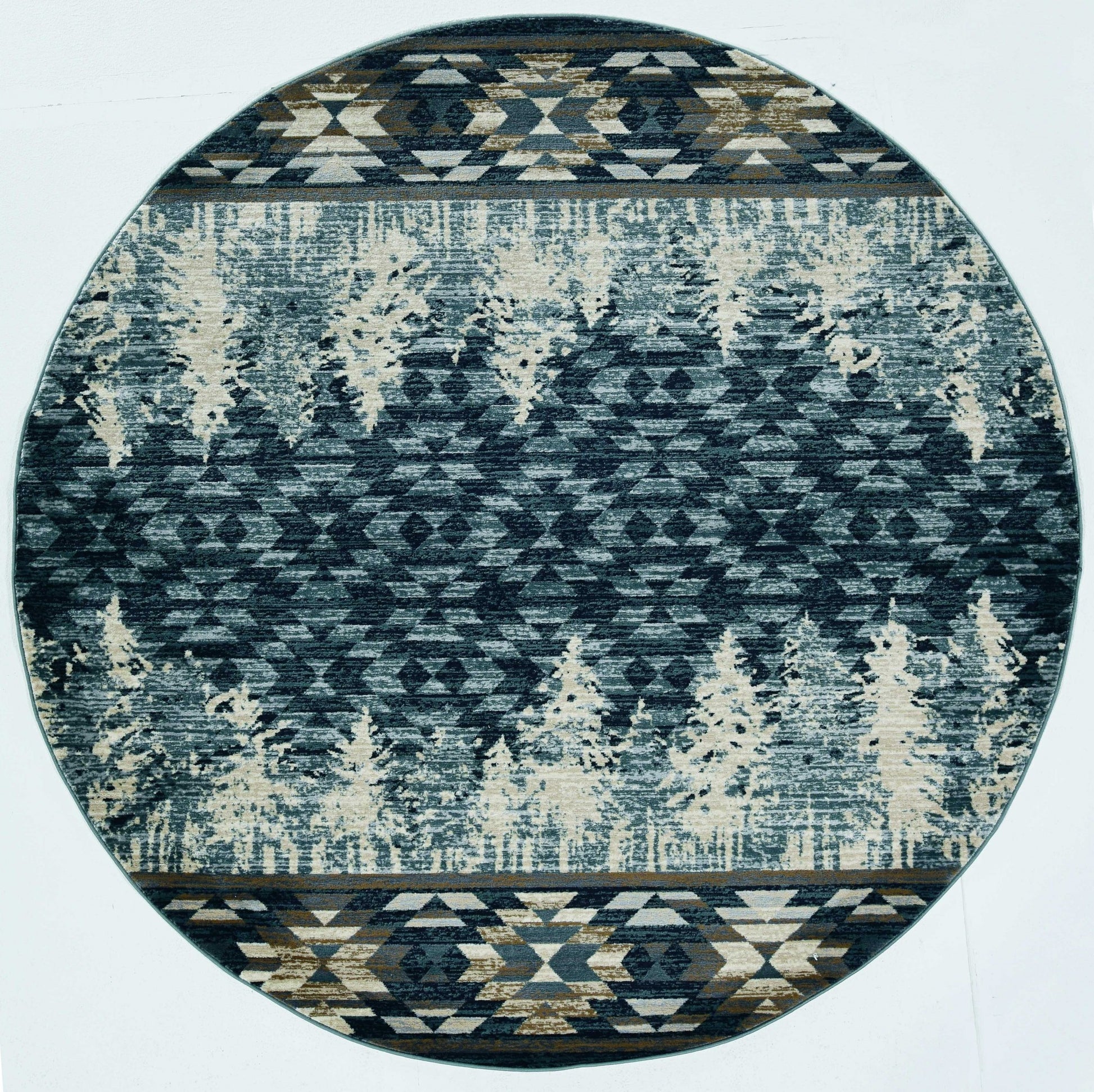 8' Slate Blue And Ivory Southwestern Round Rug-Area Rugs-DECOROLALA
