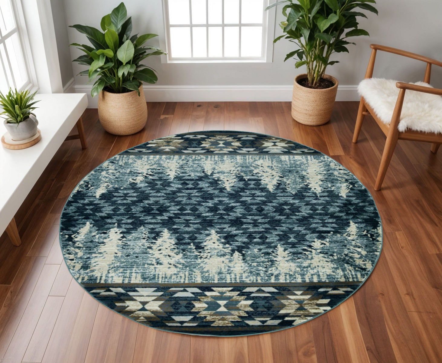8' Slate Blue And Ivory Southwestern Round Rug-Area Rugs-DECOROLALA