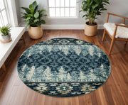 8' Slate Blue And Ivory Southwestern Round Rug-Area Rugs-DECOROLALA