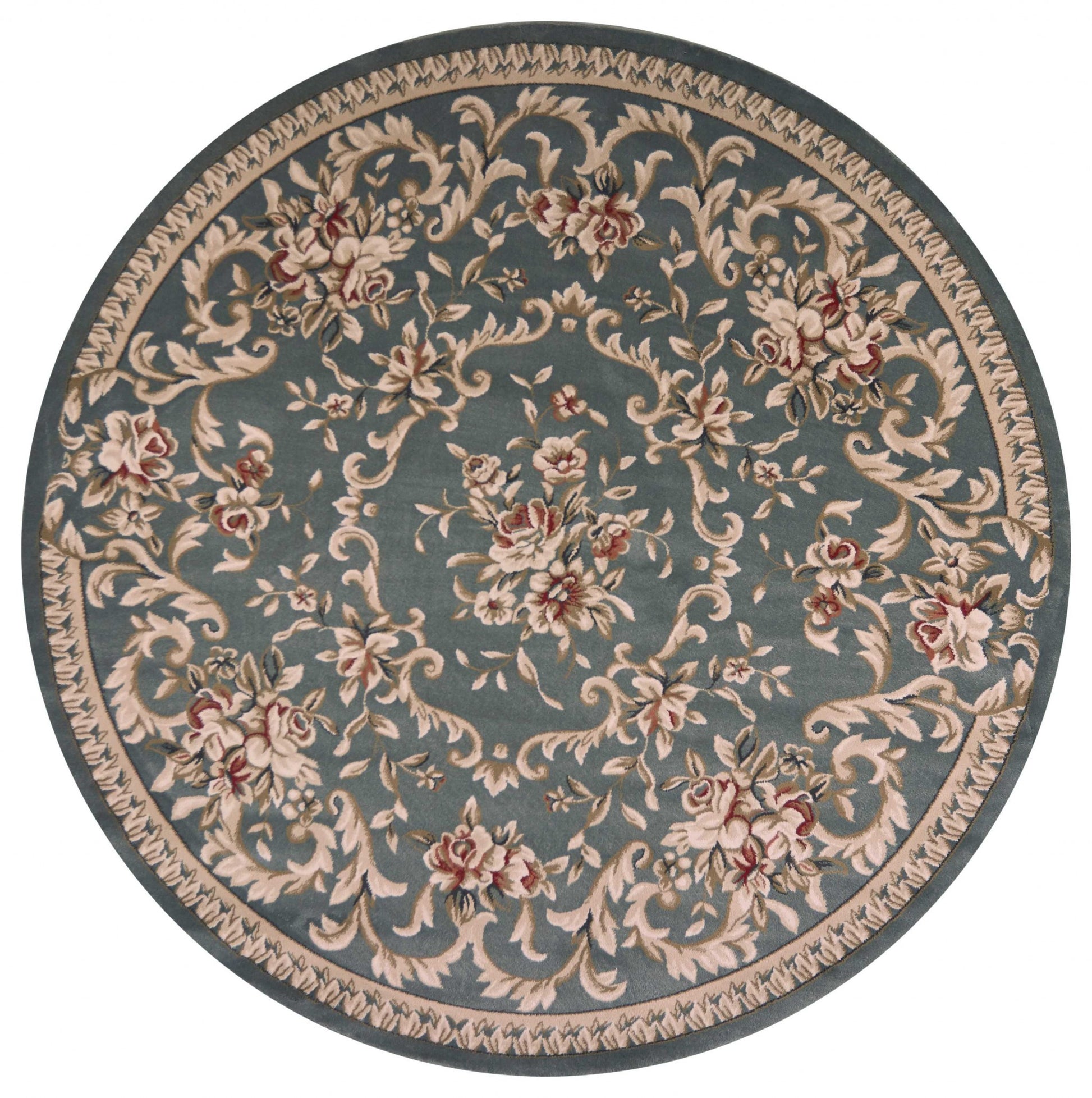 8' Slate Blue Red And Ivory Floral Medallion Round Rug-Area Rugs-DECOROLALA