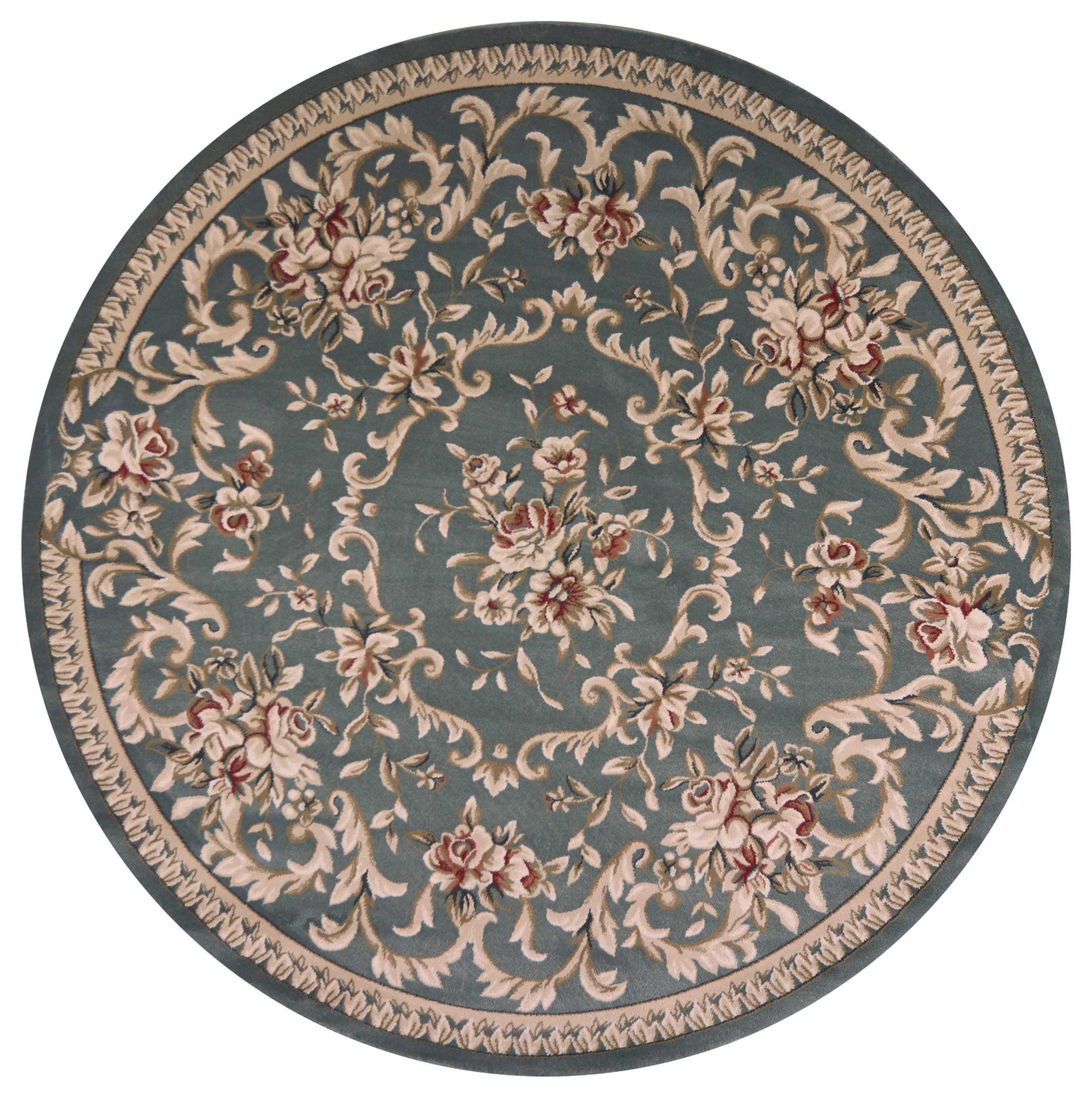 8' Slate Blue Red And Ivory Floral Medallion Round Rug-Area Rugs-DECOROLALA