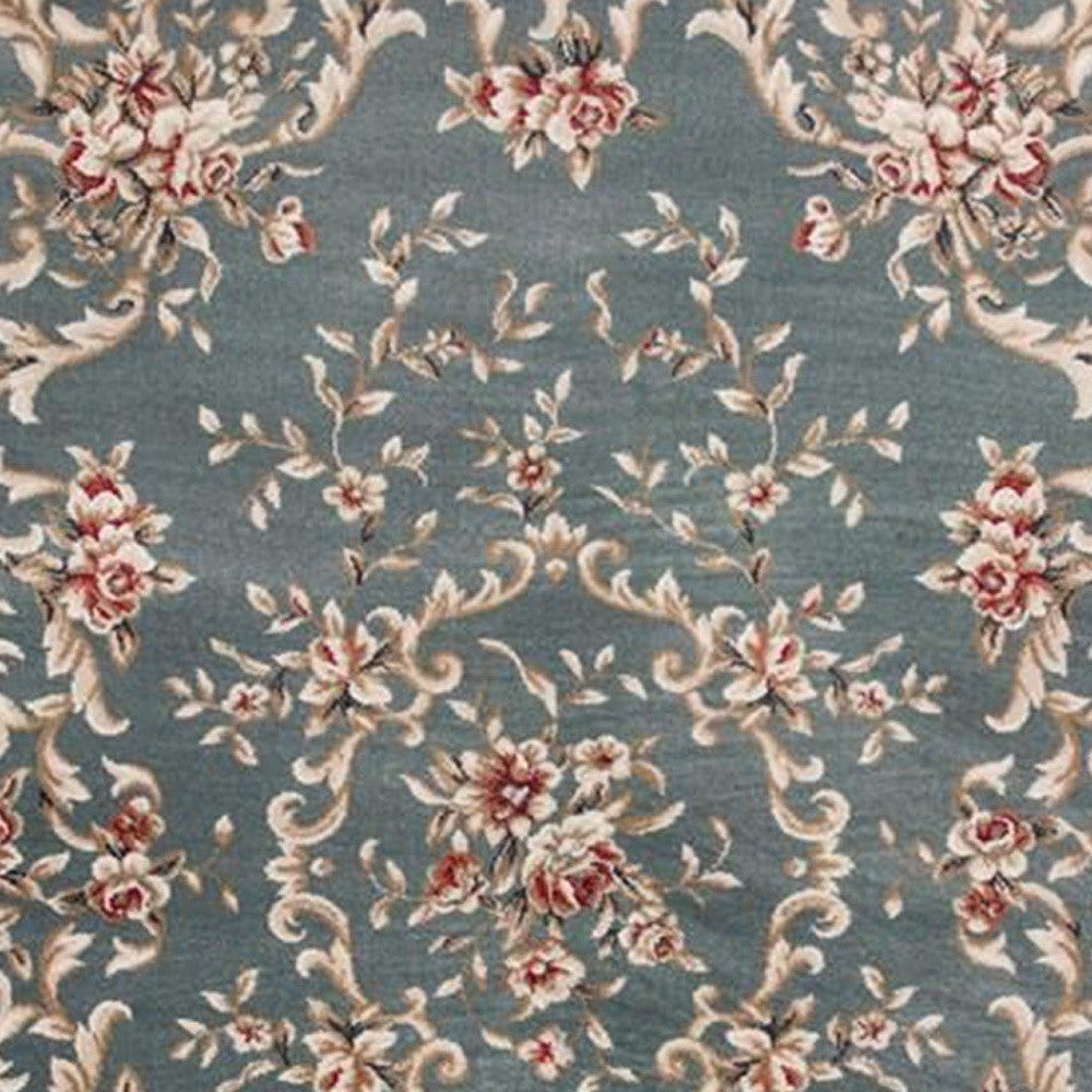 8' Slate Blue Red And Ivory Floral Medallion Round Rug-Area Rugs-DECOROLALA