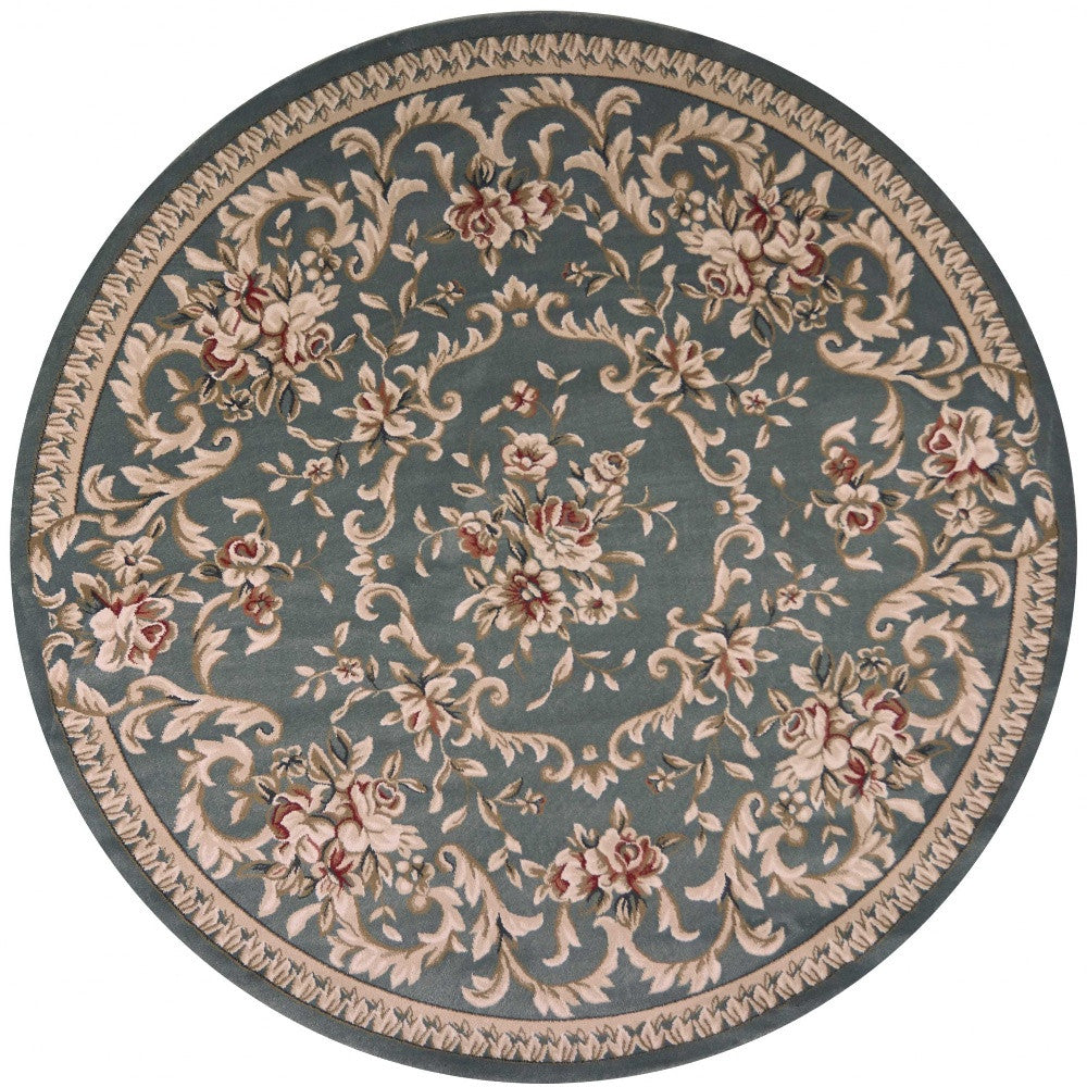 8' Slate Blue Red And Ivory Floral Medallion Round Rug-Area Rugs-DECOROLALA