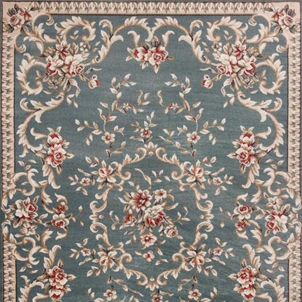 8' Slate Blue Red And Ivory Floral Medallion Round Rug-Area Rugs-DECOROLALA