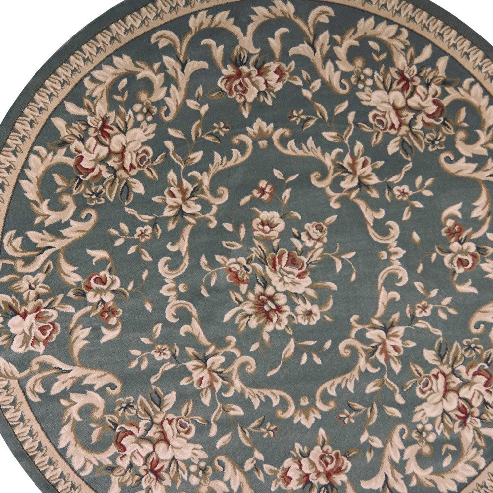 8' Slate Blue Red And Ivory Floral Medallion Round Rug-Area Rugs-DECOROLALA
