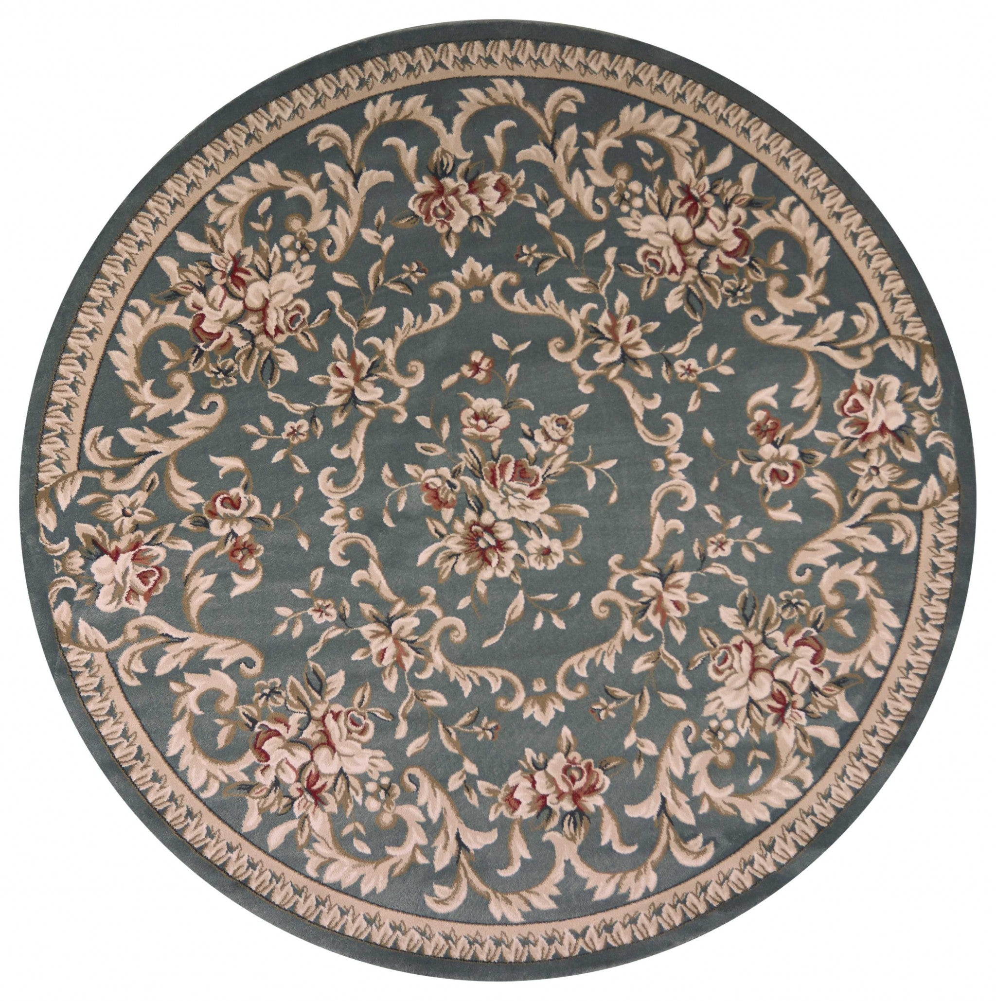 8' Slate Blue Red And Ivory Floral Medallion Round Rug-Area Rugs-DECOROLALA