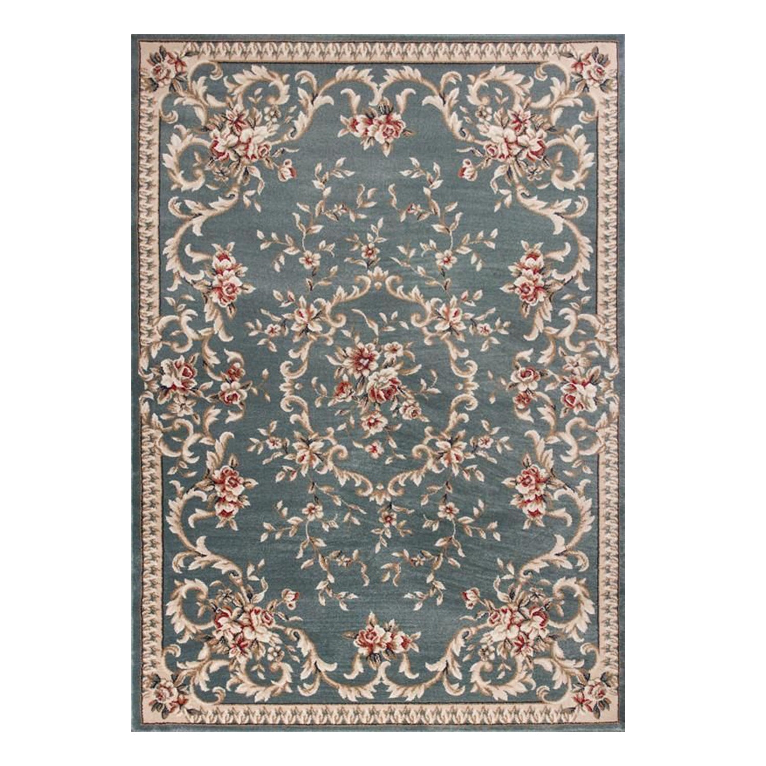 8' Slate Blue Red And Ivory Floral Medallion Round Rug-Area Rugs-DECOROLALA