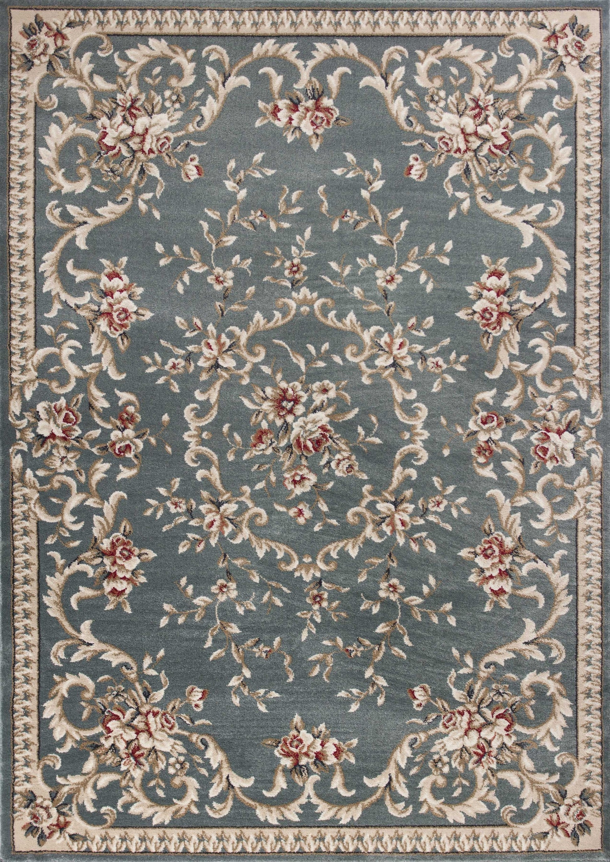8' Slate Blue Red And Ivory Floral Medallion Round Rug-Area Rugs-DECOROLALA