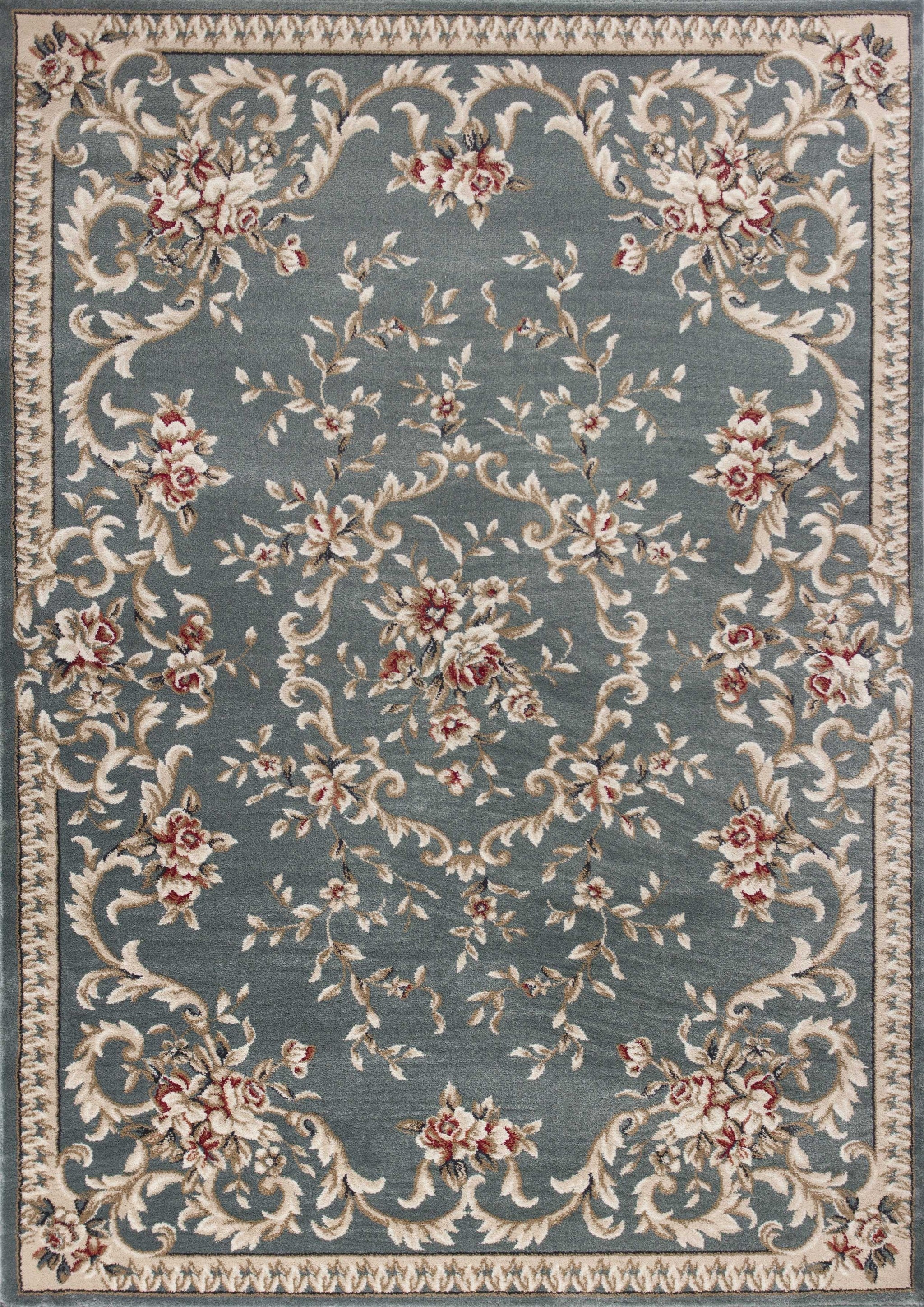 8' Slate Blue Red And Ivory Floral Medallion Round Rug-Area Rugs-DECOROLALA