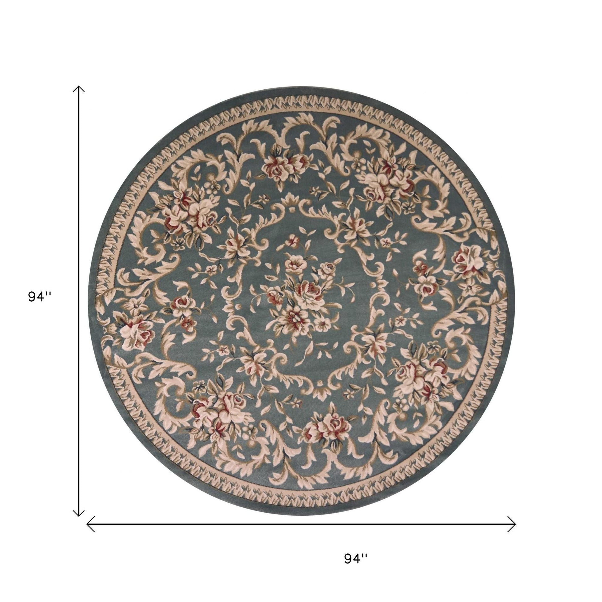 8' Slate Blue Red And Ivory Floral Medallion Round Rug-Area Rugs-DECOROLALA