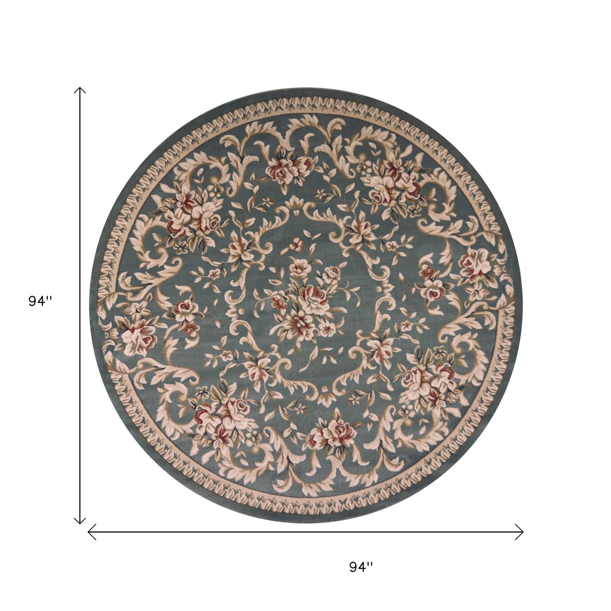 8' Slate Blue Red And Ivory Floral Medallion Round Rug-Area Rugs-DECOROLALA