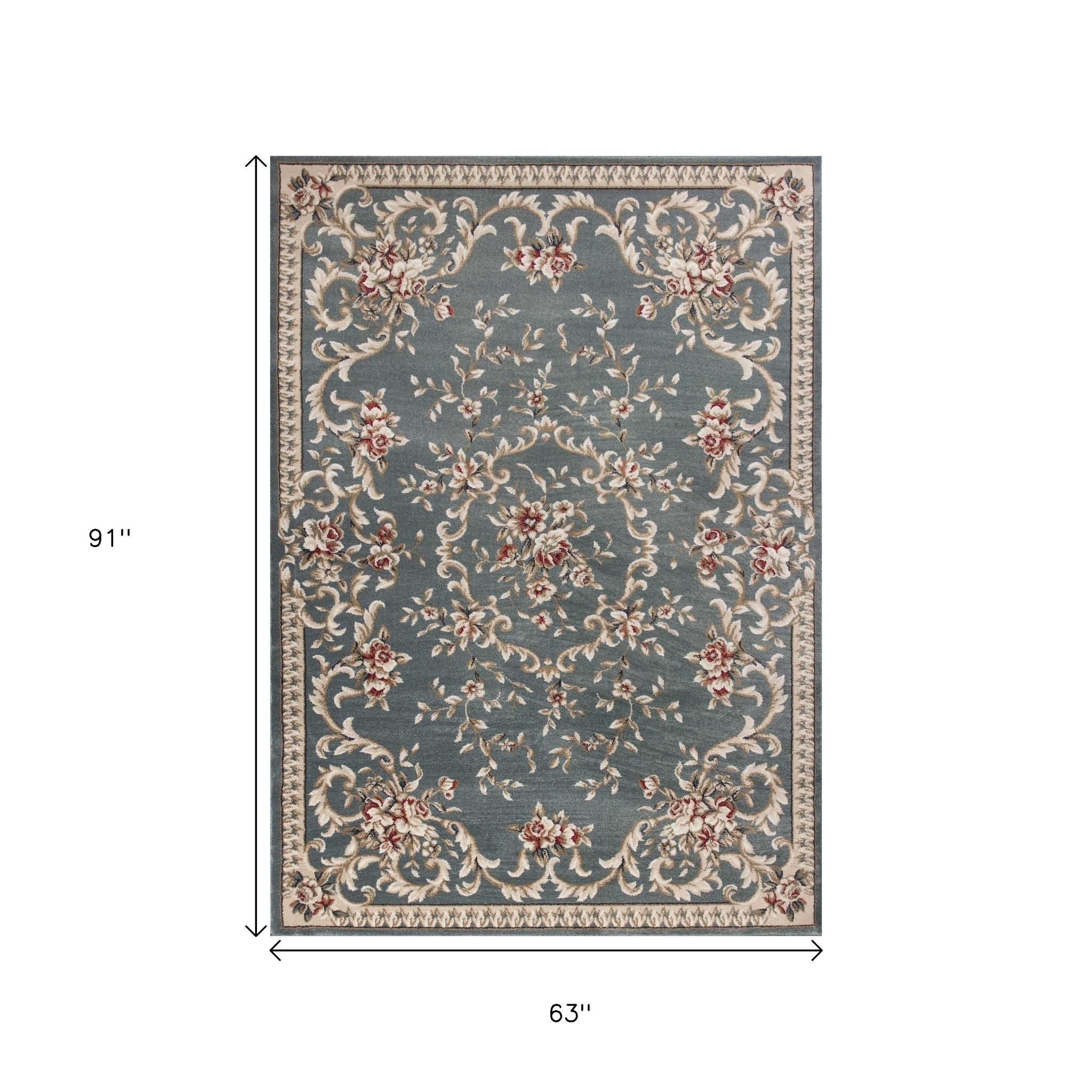 8' Slate Blue Red And Ivory Floral Medallion Round Rug-Area Rugs-DECOROLALA