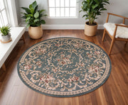 8' Slate Blue Red And Ivory Floral Medallion Round Rug-Area Rugs-DECOROLALA