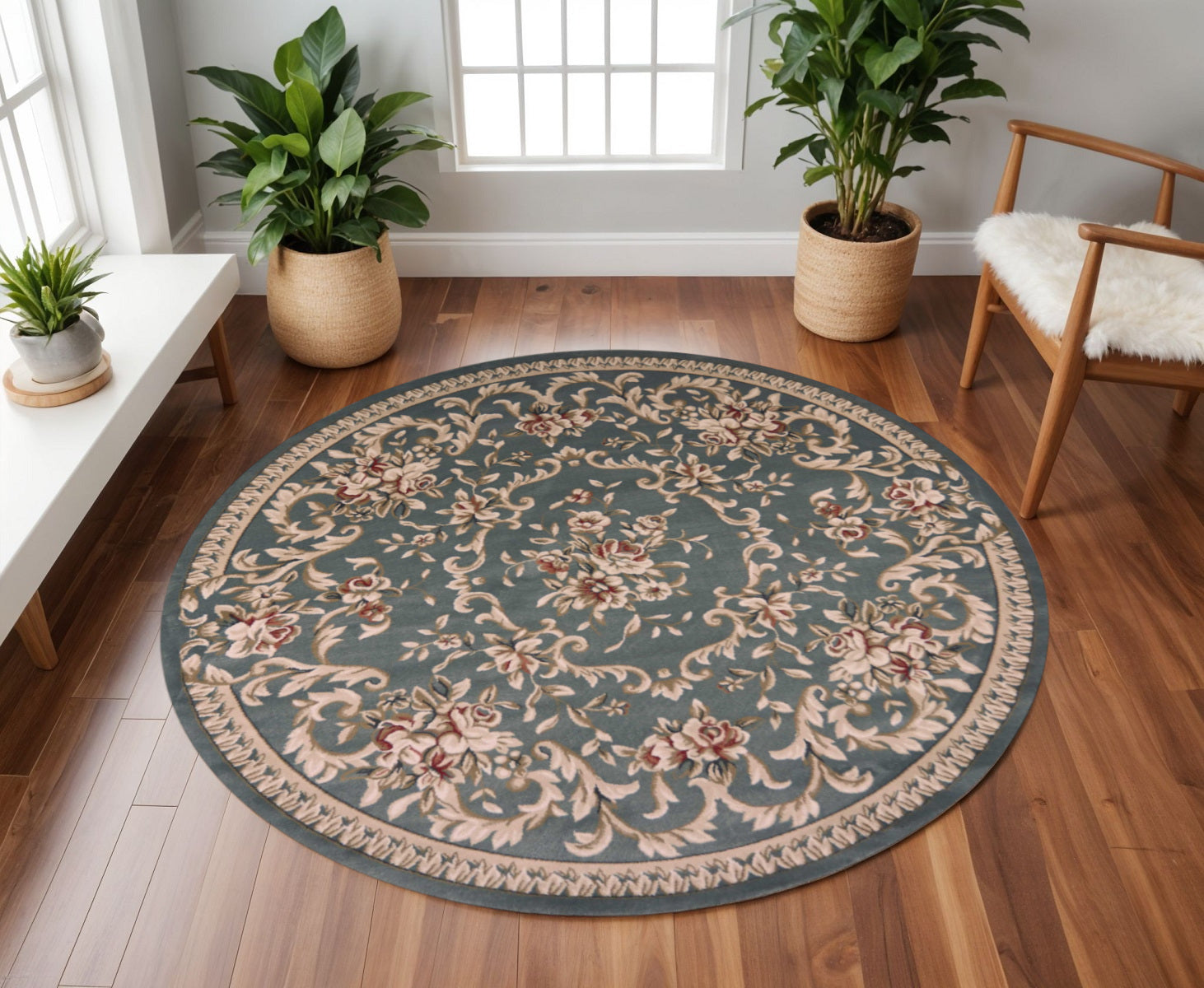 8' Slate Blue Red And Ivory Floral Medallion Round Rug-Area Rugs-DECOROLALA