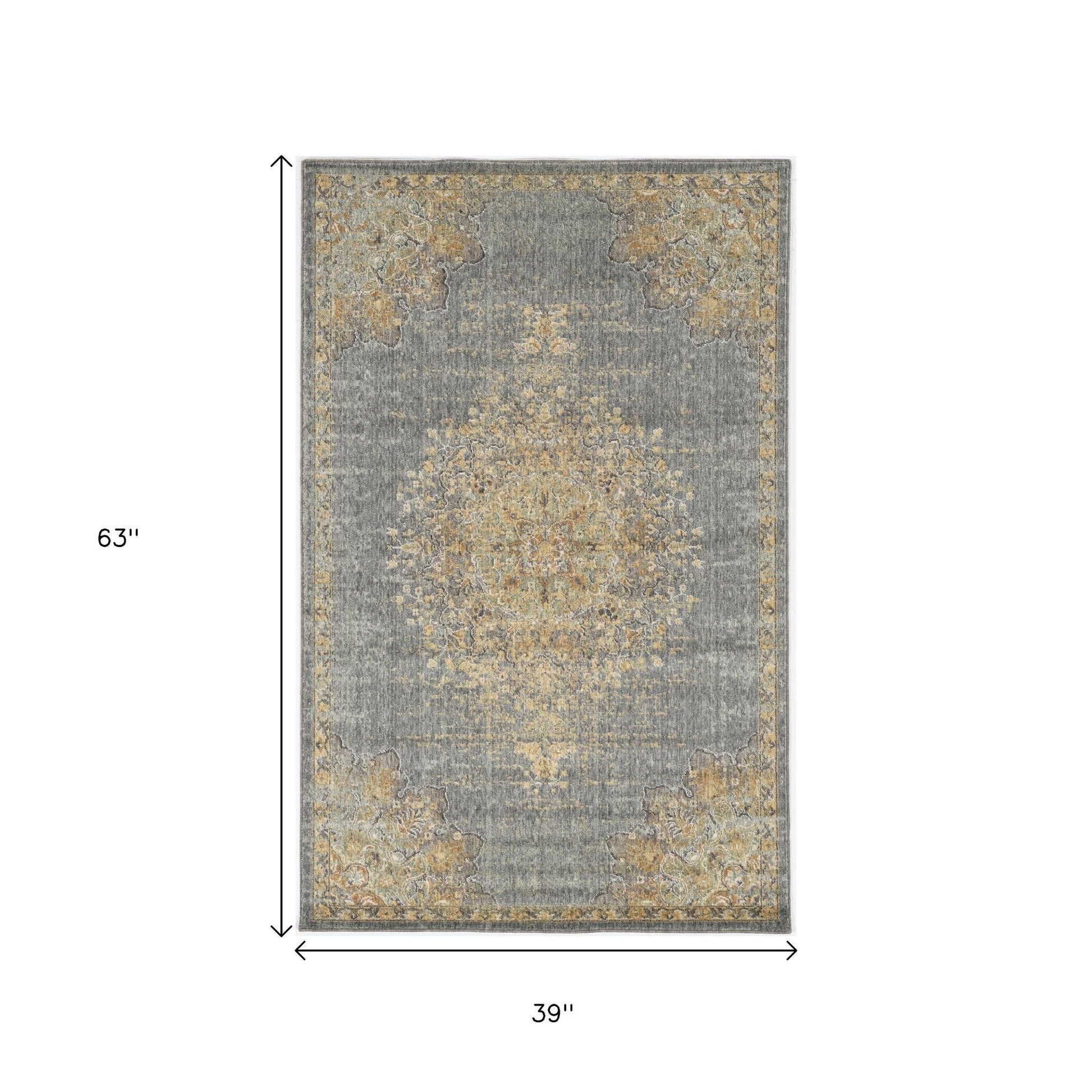 8' Slate Gray And Orange Wool Medallion Distressed Runner Rug-Area Rugs-DECOROLALA