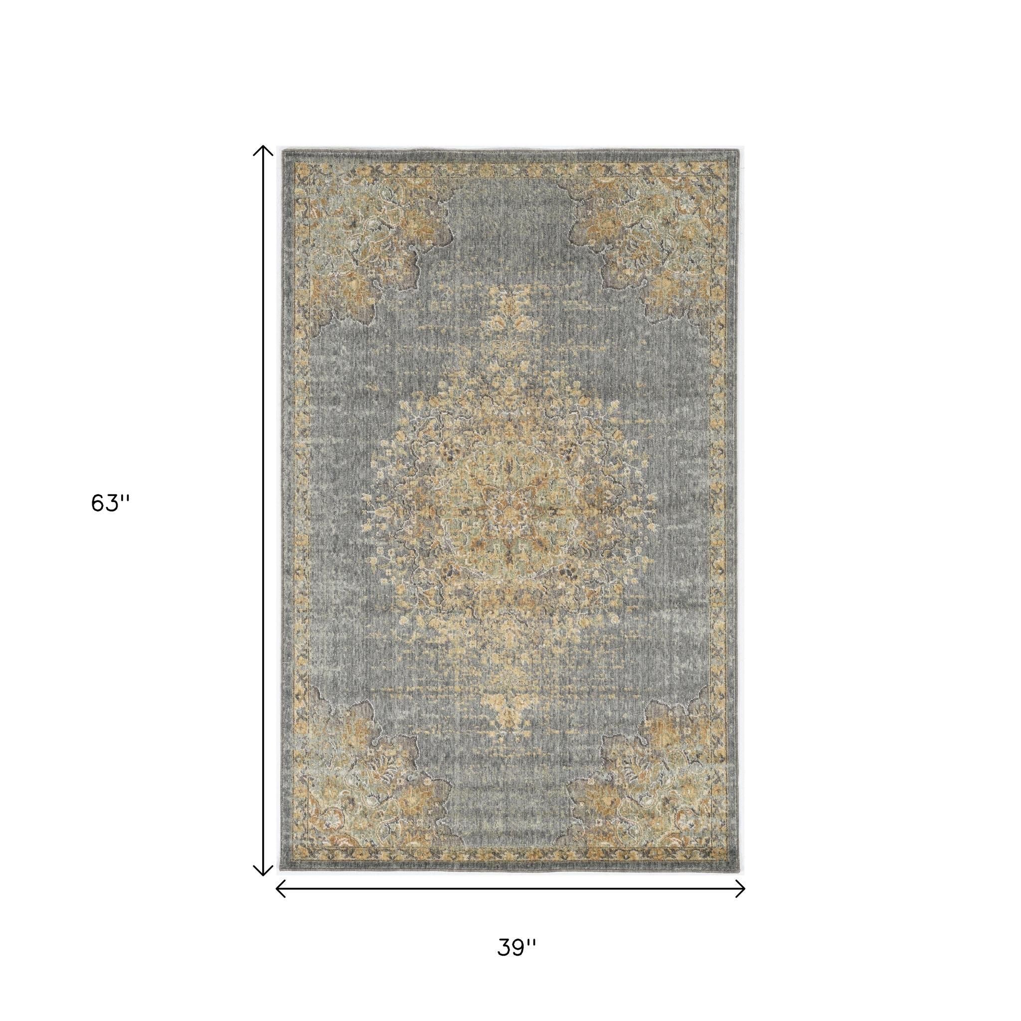 8' Slate Gray And Orange Wool Medallion Distressed Runner Rug-Area Rugs-DECOROLALA