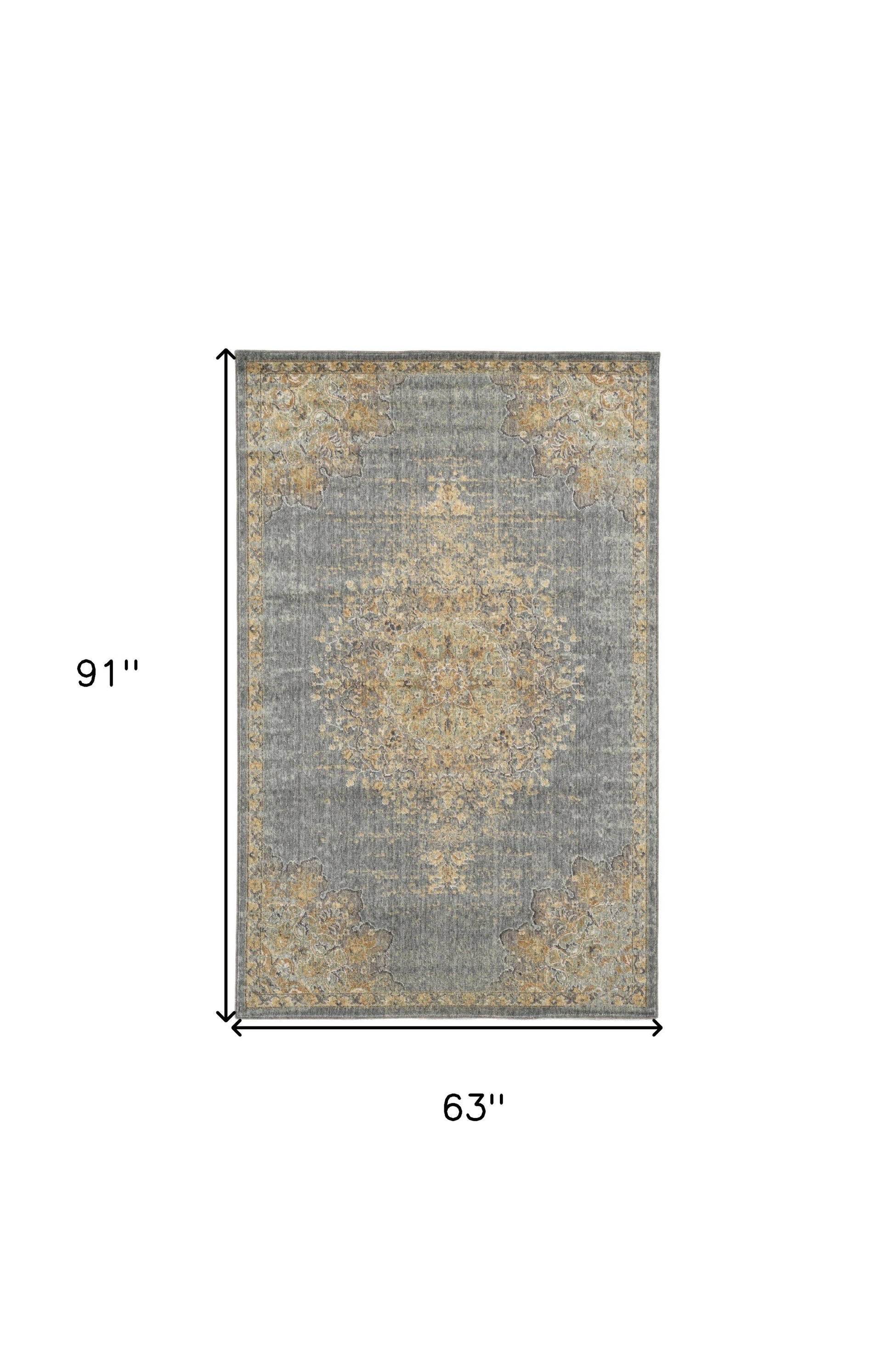 8' Slate Gray And Orange Wool Medallion Distressed Runner Rug-Area Rugs-DECOROLALA