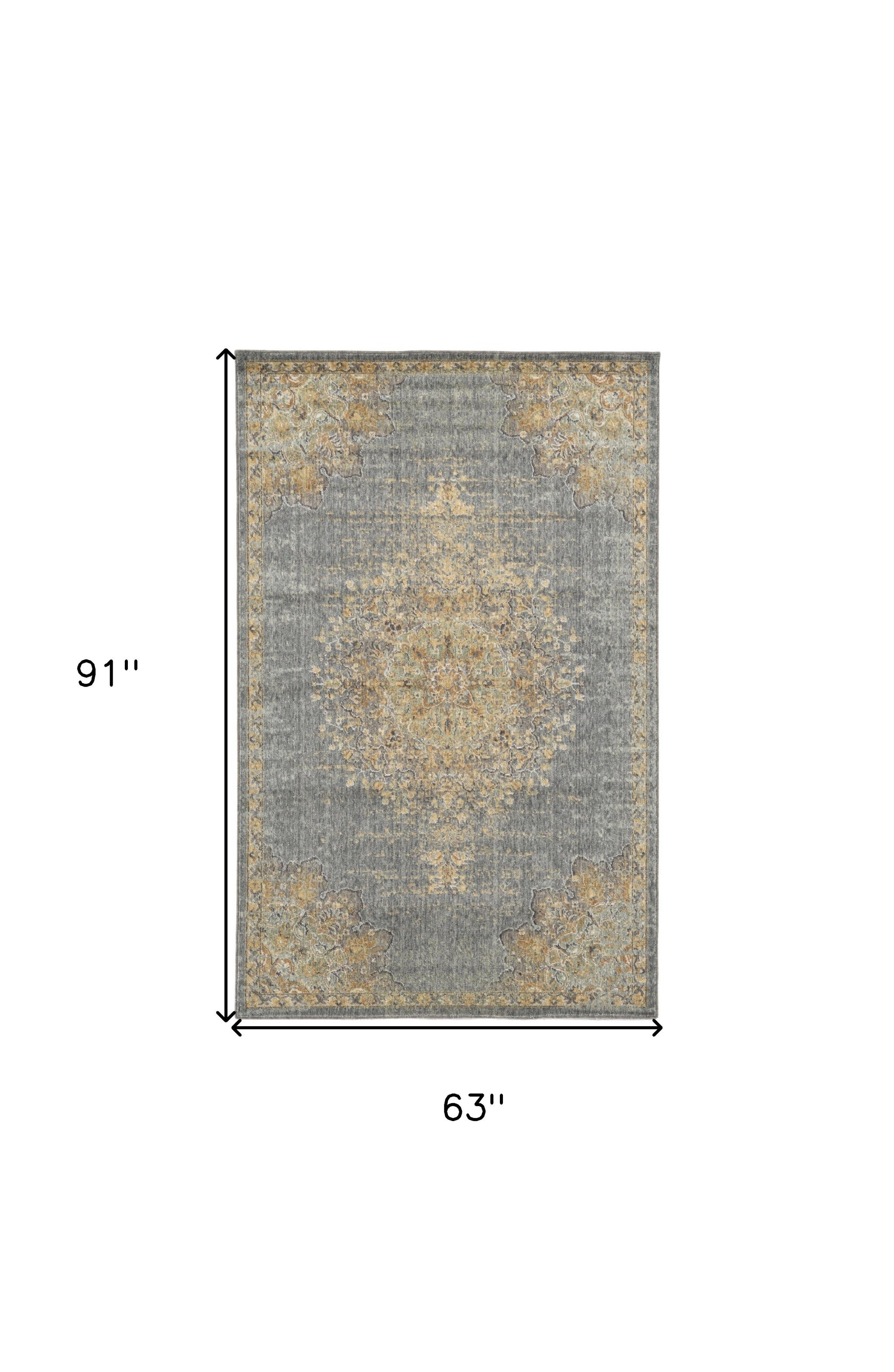 8' Slate Gray And Orange Wool Medallion Distressed Runner Rug-Area Rugs-DECOROLALA
