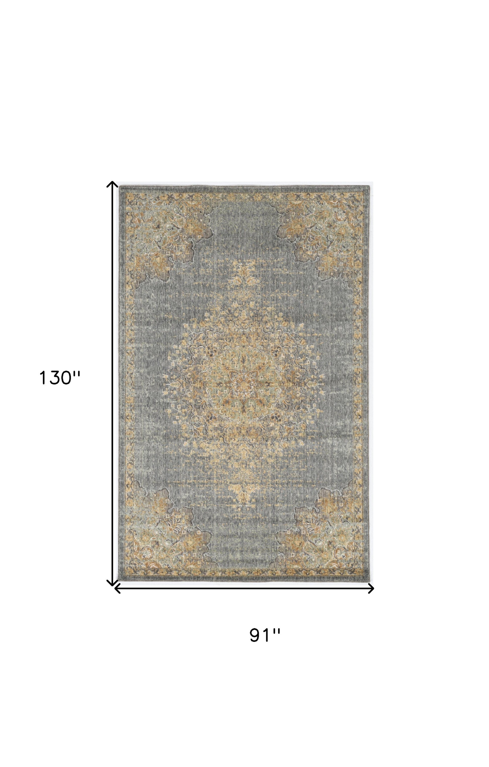 8' Slate Gray And Orange Wool Medallion Distressed Runner Rug-Area Rugs-DECOROLALA