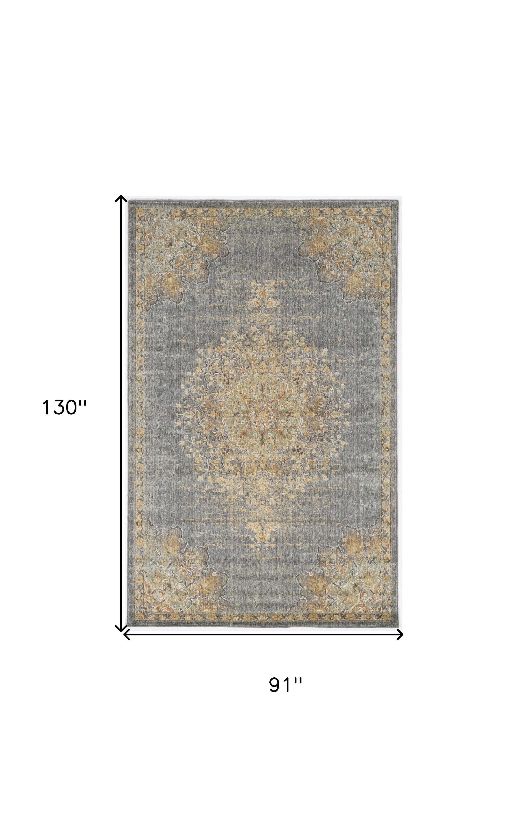8' Slate Gray And Orange Wool Medallion Distressed Runner Rug-Area Rugs-DECOROLALA