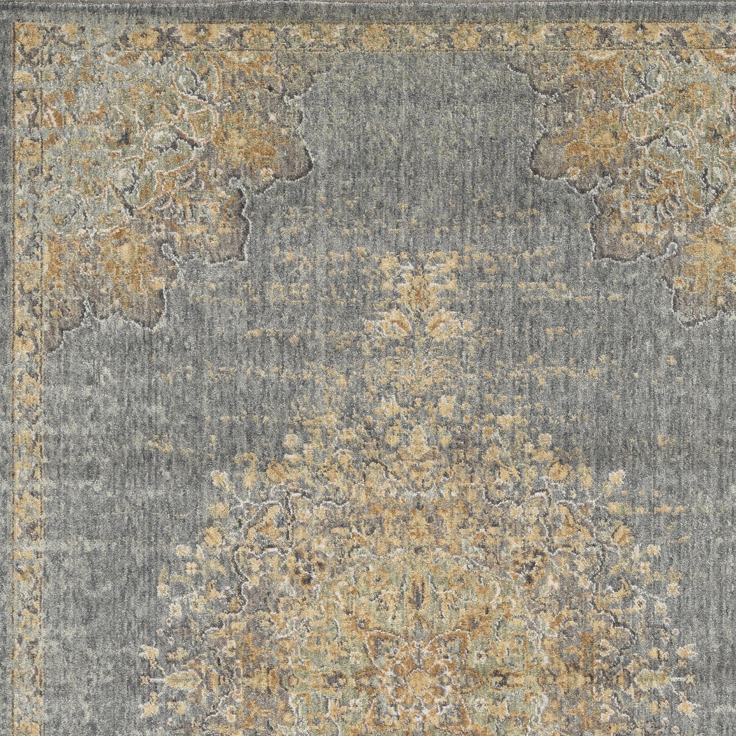 8' Slate Gray And Orange Wool Medallion Distressed Runner Rug-Area Rugs-DECOROLALA