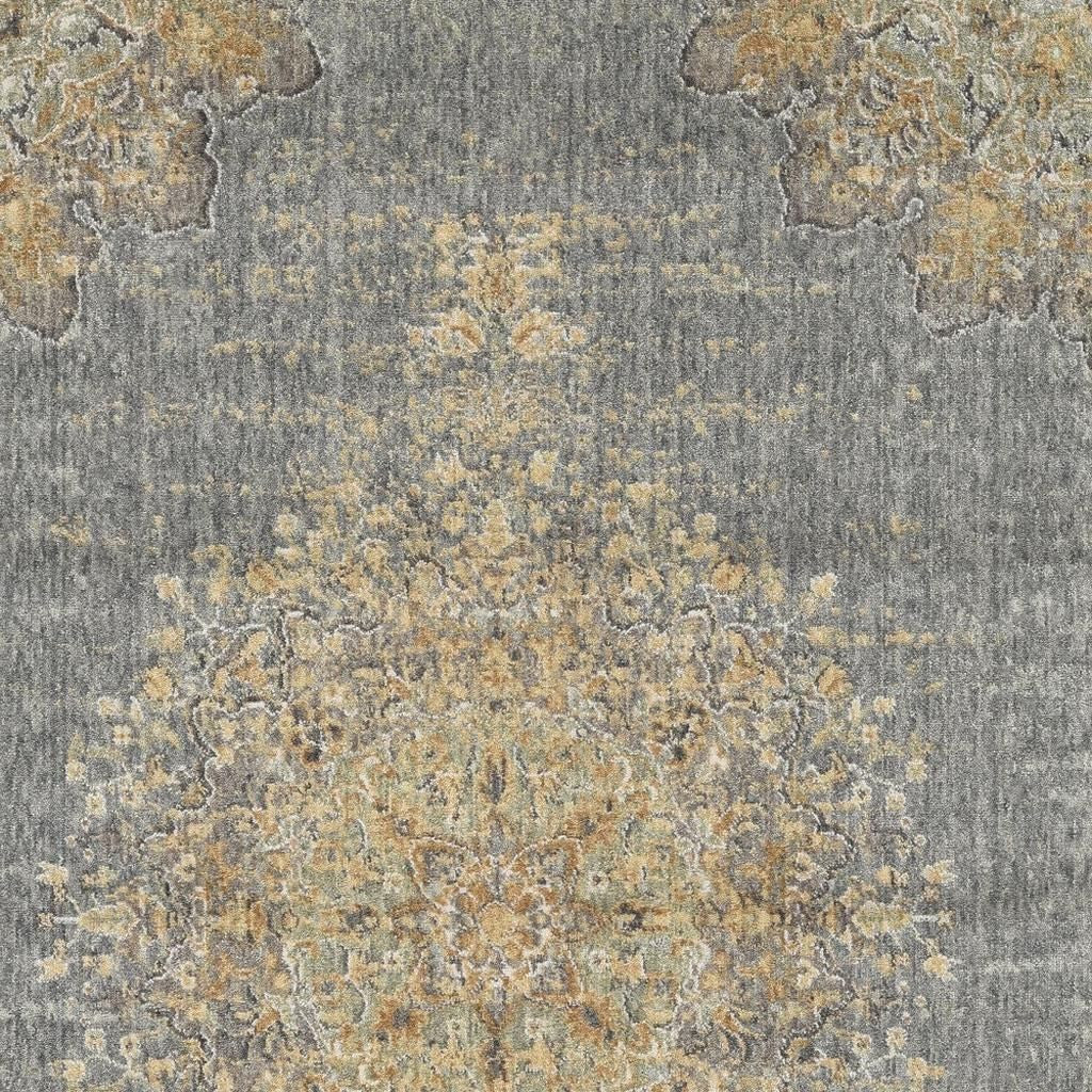 8' Slate Gray And Orange Wool Medallion Distressed Runner Rug-Area Rugs-DECOROLALA