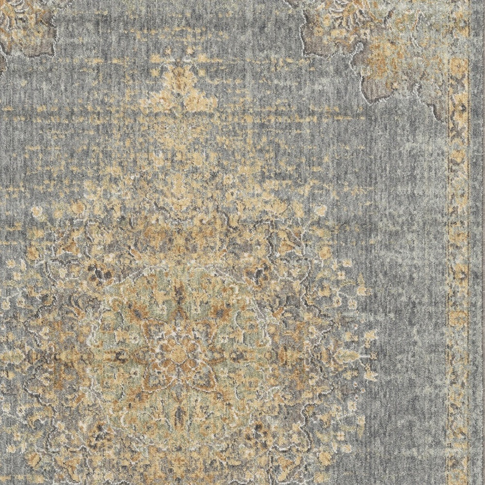 8' Slate Gray And Orange Wool Medallion Distressed Runner Rug-Area Rugs-DECOROLALA