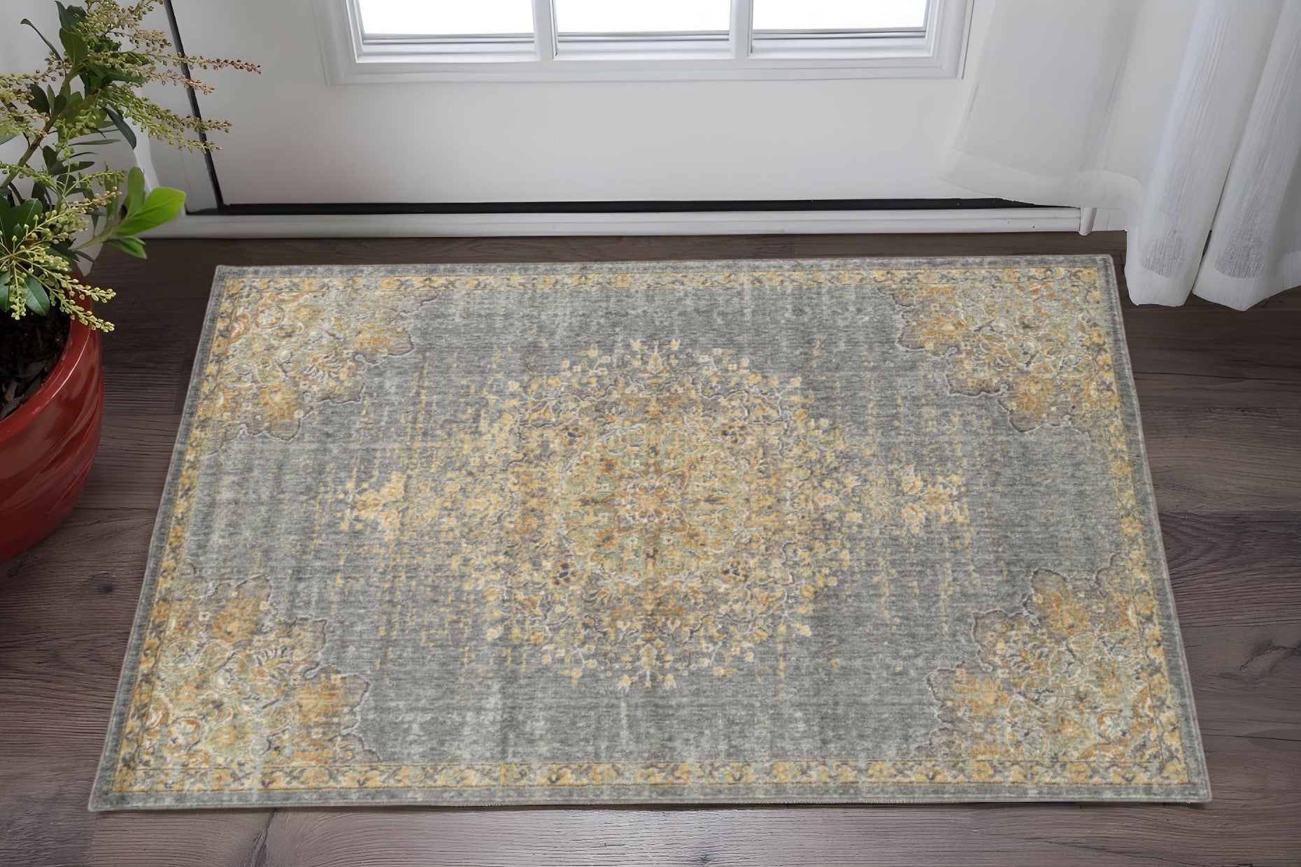 8' Slate Gray And Orange Wool Medallion Distressed Runner Rug-Area Rugs-DECOROLALA