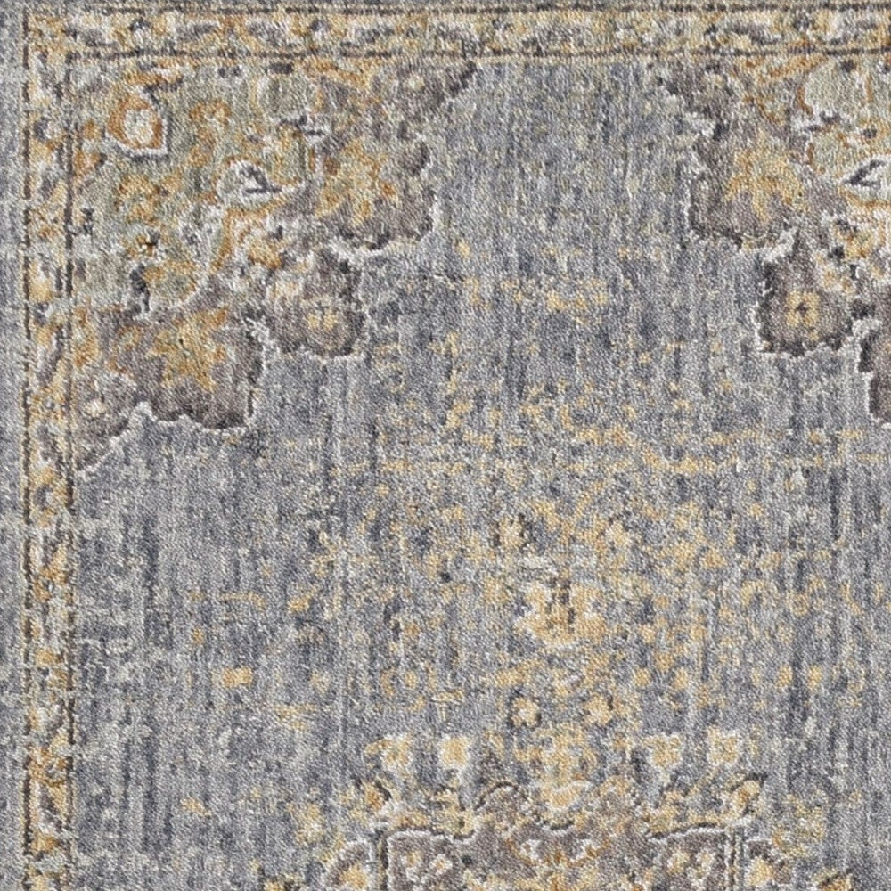 8' Slate Gray And Orange Wool Medallion Distressed Runner Rug-Area Rugs-DECOROLALA